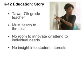 • Tawa, 7th grade
teacher
• Must ‘teach to
the test’
• No room to innovate or attend to
individual needs
• No insight into student interests
K-12 Education: Story
 
