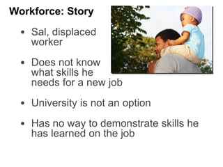 • Sal, displaced
worker
• Does not know
what skills he
needs for a new job
• University is not an option
• Has no way to demonstrate skills he
has learned on the job
Workforce: Story
 