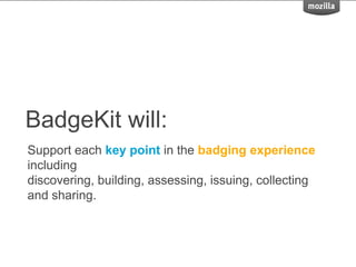 BadgeKit will:
Support each key point in the badging experience
including
discovering, building, assessing, issuing, collecting
and sharing.
 