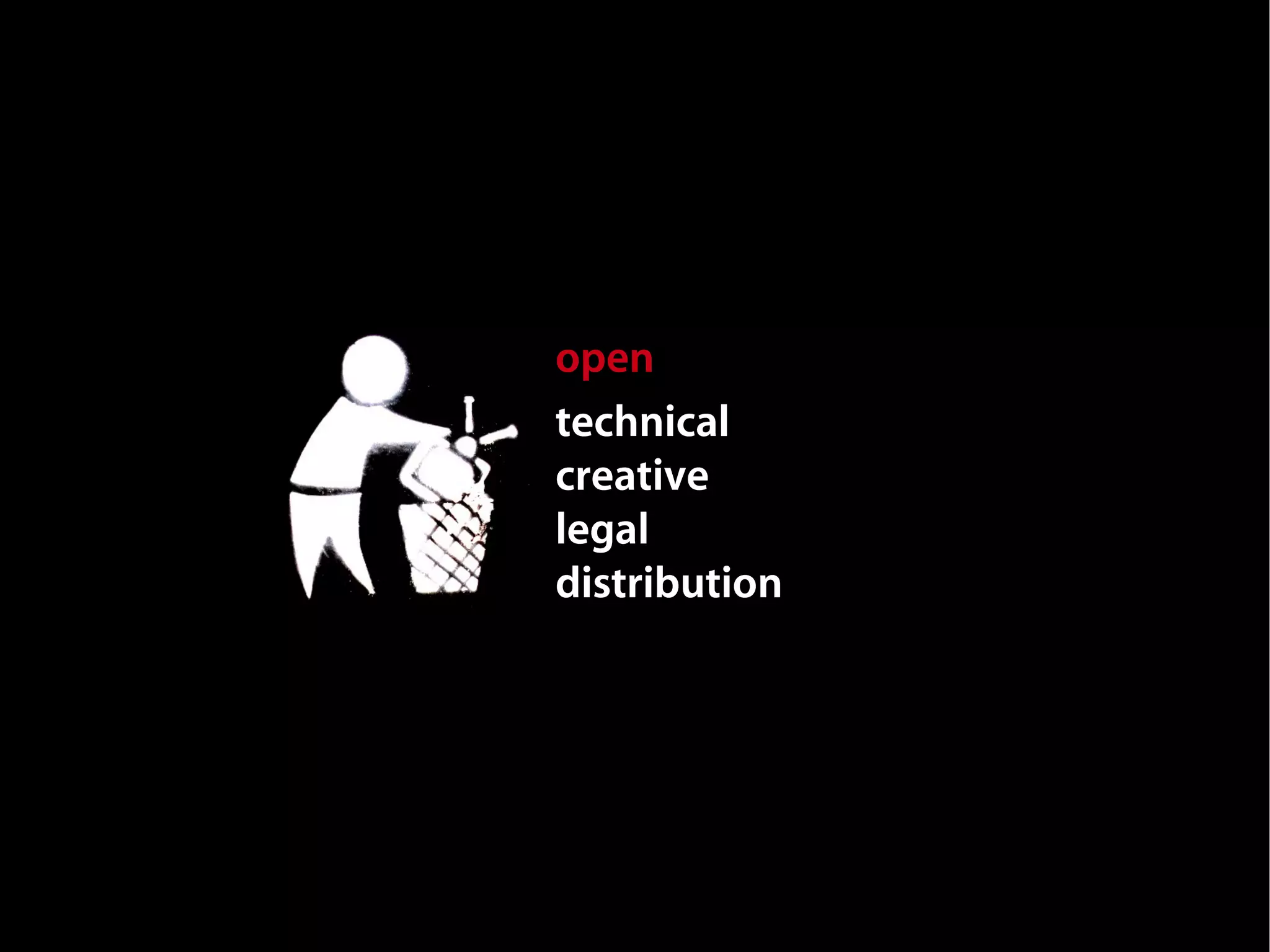 open or closed
technical
creative
legal
distribution
 