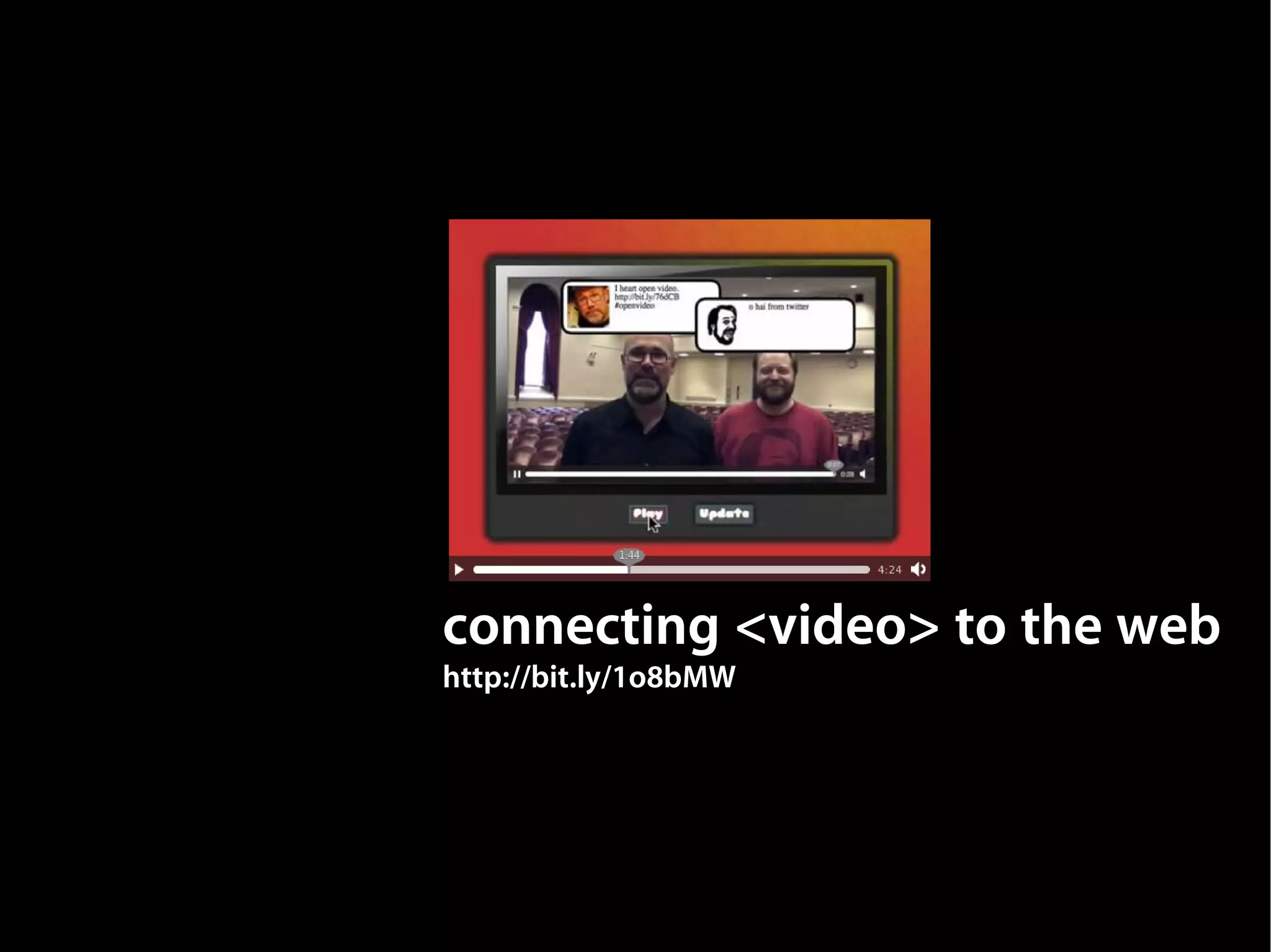 connecting <video> to the web
http://bit.ly/1o8bMW
 