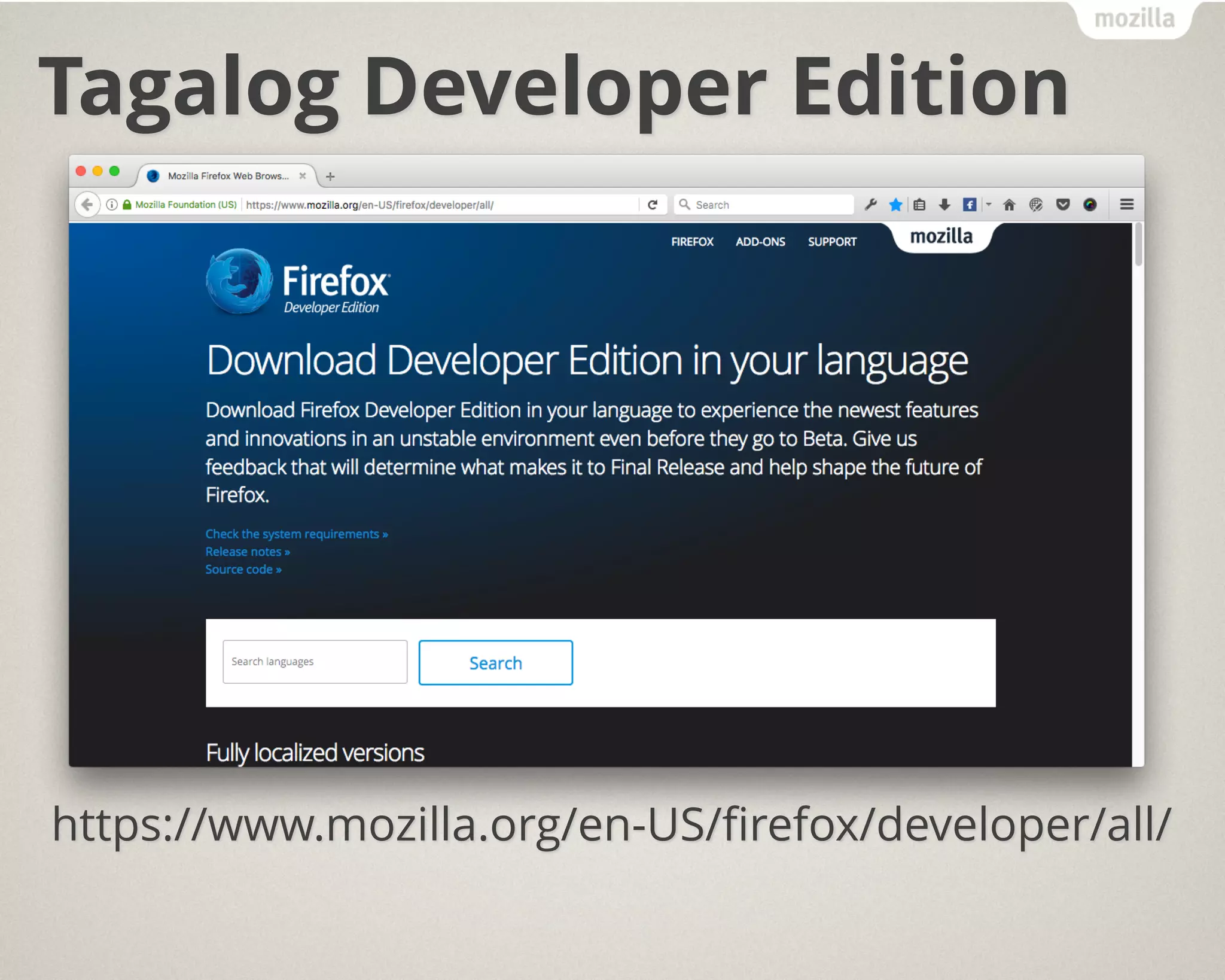 Tagalog Developer Edition
https://www.mozilla.org/en-US/firefox/developer/all/
 