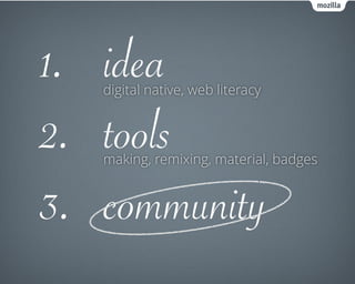 1. idea
2. tools
3. community
digital native, web literacy
making, remixing, material, badges
 