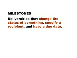 Deliverables that change the
status of something, specify a
recipient, and have a due date.
MILESTONES
 