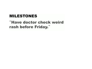 “Have doctor check weird
rash before Friday.”
MILESTONES
 