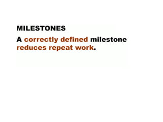 MILESTONES
A correctly defined milestone
reduces repeat work.
 