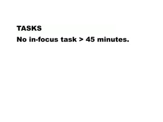 No in-focus task > 45 minutes.
TASKS
 