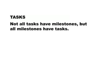 Not all tasks have milestones, but
all milestones have tasks.
TASKS
 