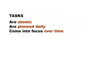 Are atomic
Are planned daily
Come into focus over time
TASKS
 