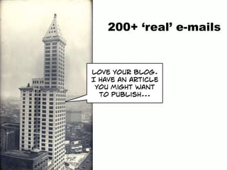 200+ ‘real’ e-mails
love your blog.
I have an article
you might want
to publish...
 