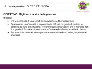 OBIETTIVO: Migliorare la vita delle persone In Italia C’è la necessità di uno shock di innovazione e liberalizzazione Promuovere una “società a imprenditoria diffusa”, in grado di portare le persone ad auto-organizzarsi, fornendo quei  beni pubblici  che il mercato non è in grado di fornire e di assicurare un’equa redistribuzione della ricchezza Far leva sulla qualitá italiana per attrarre nuovi studenti, turisti, imprenditori, scienziati Un nuovo pensiero: OLTRE L’EUROPA  