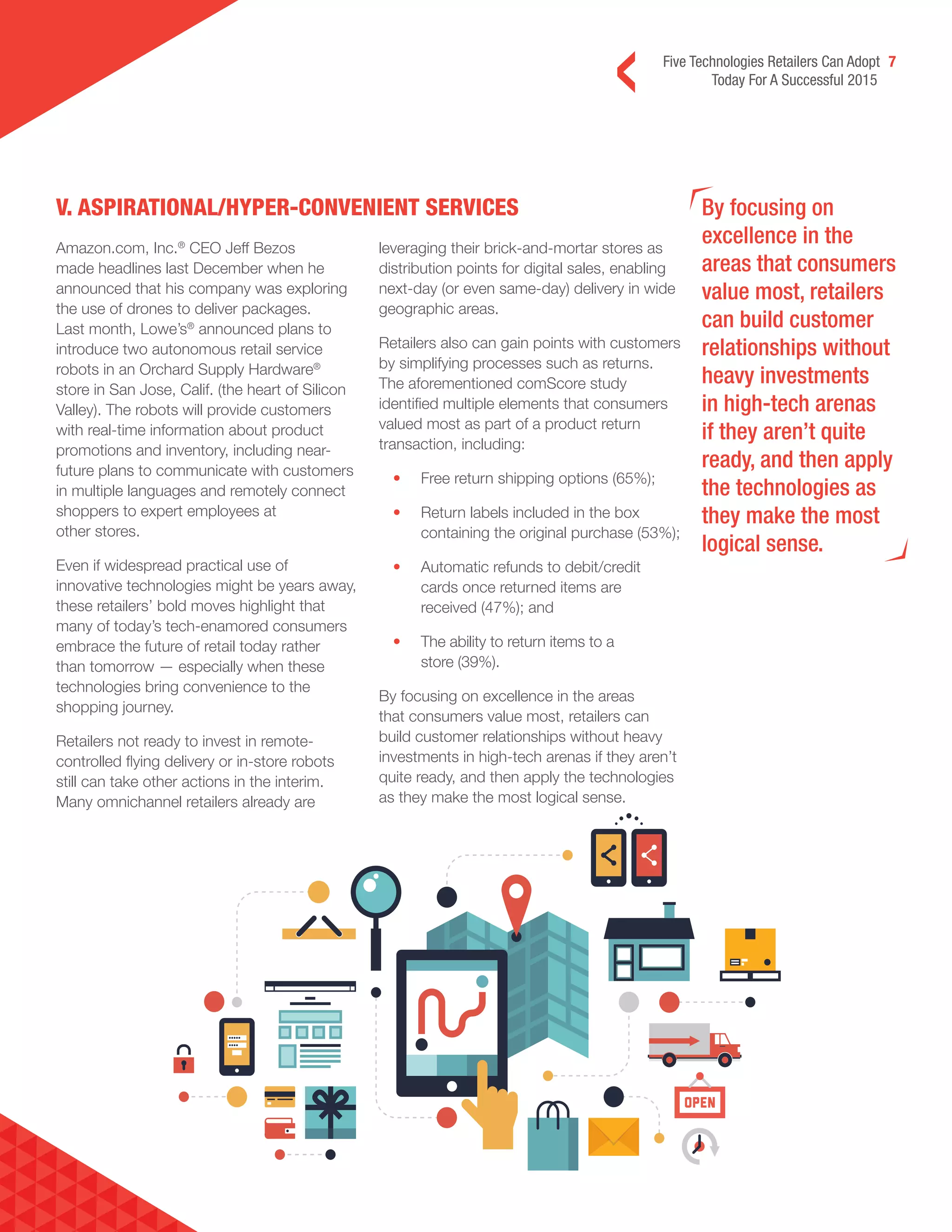 Five Technologies Retailers Can Adopt 7
Today For A Successful 2015
V. ASPIRATIONAL/HYPER-CONVENIENT SERVICES By focusing on
excellence in the
areas that consumers
value most, retailers
can build customer
relationships without
heavy investments
in high-tech arenas
if they aren’t quite
ready, and then apply
the technologies as
they make the most
logical sense.
Amazon.com, Inc.®
CEO Jeff Bezos
made headlines last December when he
announced that his company was exploring
the use of drones to deliver packages.
Last month, Lowe’s®
announced plans to
introduce two autonomous retail service
robots in an Orchard Supply Hardware®
store in San Jose, Calif. (the heart of Silicon
Valley). The robots will provide customers
with real-time information about product
promotions and inventory, including near-
future plans to communicate with customers
in multiple languages and remotely connect
shoppers to expert employees at
other stores.
Even if widespread practical use of
innovative technologies might be years away,
these retailers’ bold moves highlight that
many of today’s tech-enamored consumers
embrace the future of retail today rather
than tomorrow — especially when these
technologies bring convenience to the
shopping journey.
Retailers not ready to invest in remote-
controlled flying delivery or in-store robots
still can take other actions in the interim.
Many omnichannel retailers already are
leveraging their brick-and-mortar stores as
distribution points for digital sales, enabling
next-day (or even same-day) delivery in wide
geographic areas.
Retailers also can gain points with customers
by simplifying processes such as returns.
The aforementioned comScore study
identified multiple elements that consumers
valued most as part of a product return
transaction, including:
• Free return shipping options (65%);
• Return labels included in the box
containing the original purchase (53%);
• Automatic refunds to debit/credit
cards once returned items are
received (47%); and
• The ability to return items to a
store (39%).
By focusing on excellence in the areas
that consumers value most, retailers can
build customer relationships without heavy
investments in high-tech arenas if they aren’t
quite ready, and then apply the technologies
as they make the most logical sense.
 