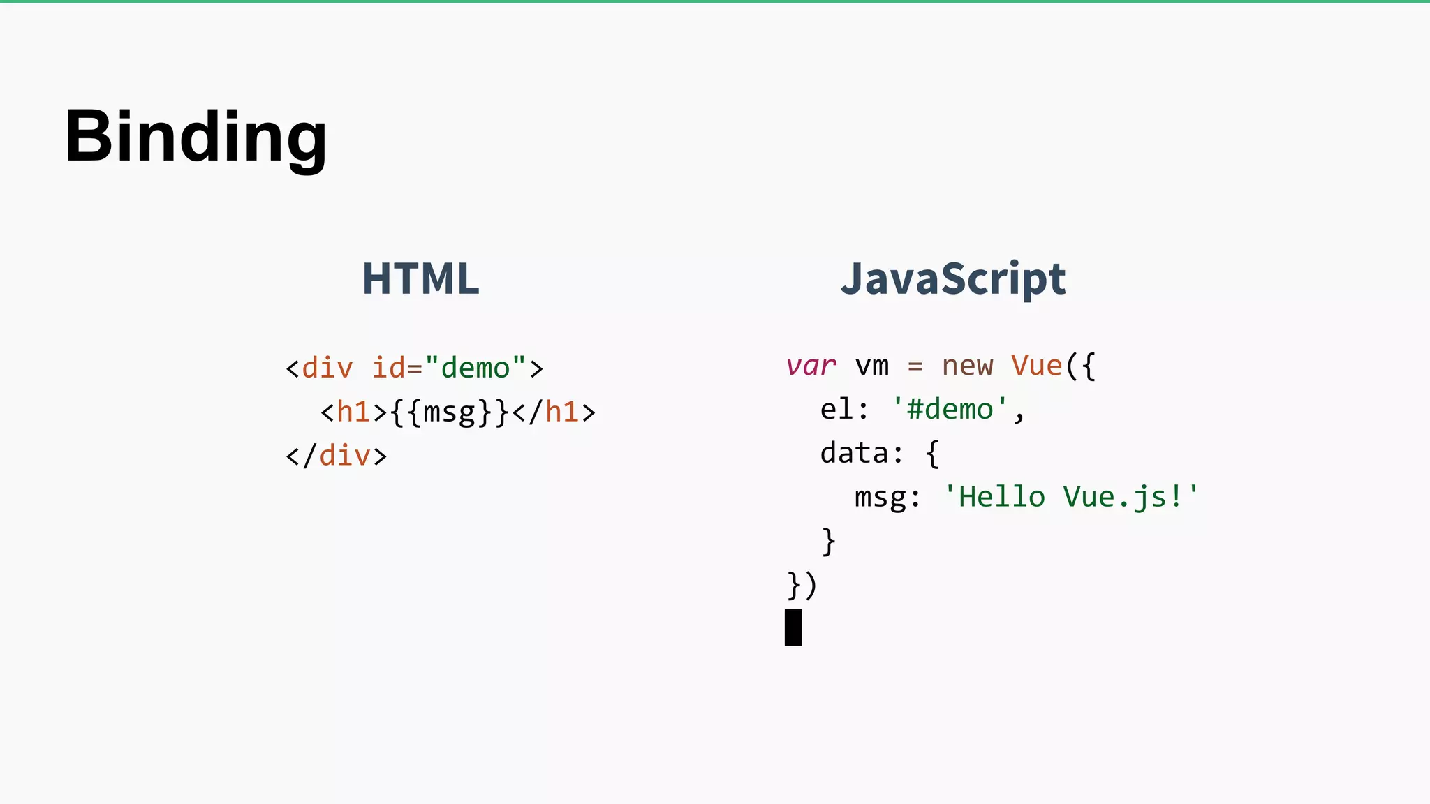 var vm = new Vue({ el: '#demo', data: { msg: 'Hello Vue.js!' } }) <div id="demo"> <h1>{{msg}}</h1> </div> JavaScriptHTML Binding 