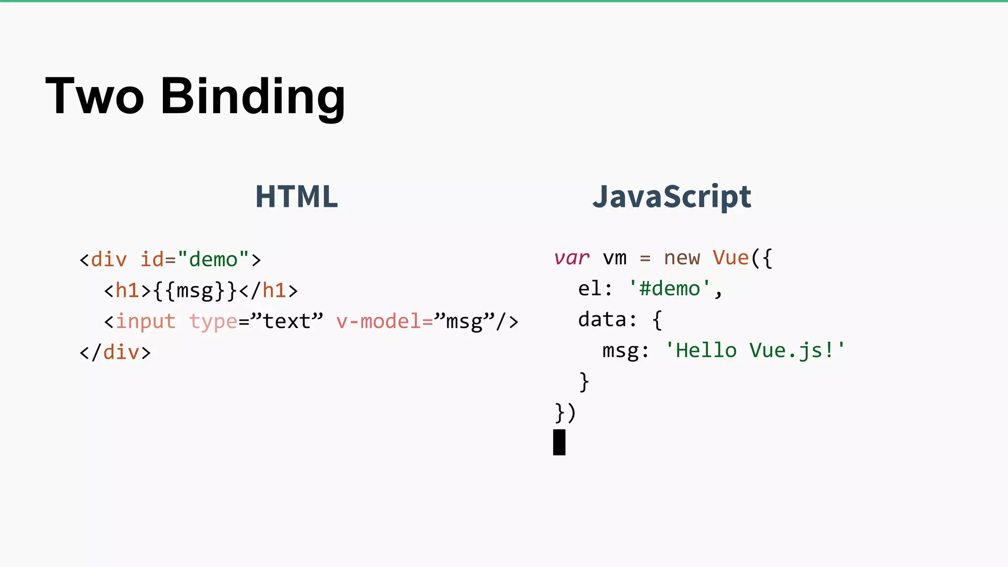 var vm = new Vue({ el: '#demo', data: { msg: 'Hello Vue.js!' } }) <div id="demo"> <h1>{{msg}}</h1> <input type=”text” v-model=”msg”/> </div> JavaScriptHTML Two Binding 