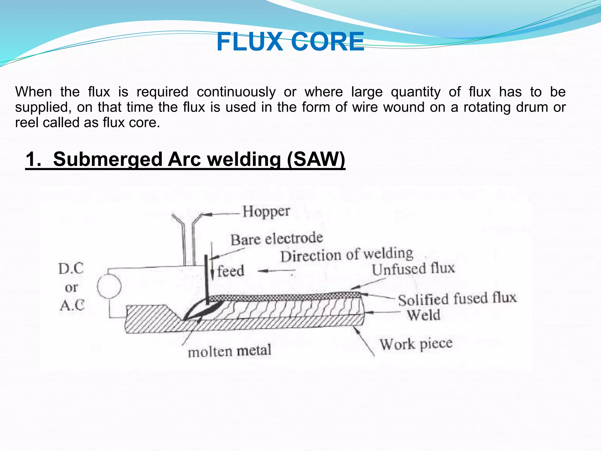 FLUX CORE
When the flux is required continuously or where large quantity of flux has to be
supplied, on that time the flux is used in the form of wire wound on a rotating drum or
reel called as flux core.
1. Submerged Arc welding (SAW)
 
