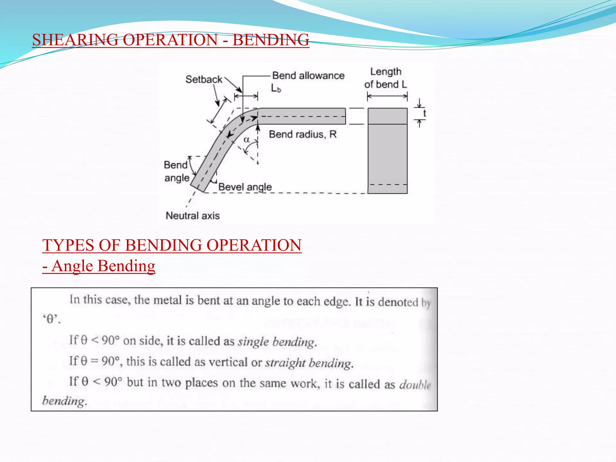 SHEARING OPERATION - BENDING
TYPES OF BENDING OPERATION
- Angle Bending
 
