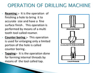 • Reaming :- It is the operation of
finishing a hole to bring it to
accurate size and have a fine
surface finish . This operation is
performed by means of a multi
tooth tool called reamer.
• Counter boring :- This operation
is used for enlarging only a limited
portion of the hole is called
counter boring .
• Tapping:- It is the operation done
for forming internal threads by
means of the tool called tap.
 