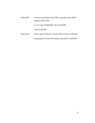 Tahun 2009   : (rata-rata pertumbuhan 2004-2008 x penjualan tahun 2008) +
              penjualan tahun 2008

             : (11,7% x Rp 235.000.000) + Rp 235.000.000

             = Rp 262.495.000

Tahun 2010   : (20% x Rp 262.506.170) + Rp 262.506.170= Rp 315.005.000

             : Jadi penjualan di tahun 2010 adalah sebesar Rp 315.005.000




                                                                            27
 