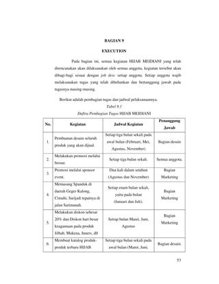 BAGIAN 9

                                     EXECUTION

                Pada bagian ini, semua kegiatan HIJAB MEIDIANI yang telah
      direncanakan akan dilaksanakan oleh semua anggota, kegiatan tersebut akan
      dibagi-bagi sesuai dengan job desc setiap anggota. Setiap anggota wajib
      melaksanakan tugas yang telah dibebankan dan bertanggung jawab pada
      tugasnya masing-masing.

         Berikut adalah pembagian tugas dan jadwal pelaksanaannya.
                                      Tabel 9.1
                    Daftra Pembagian Tugas HIJAB MEIDIANI
                                                                       Penanggung
No.             Kegiatan                   Jadwal Kegiatan
                                                                         Jawab
                                      Setiap tiga bulan sekali pada
      Pembuatan desain seluruh
1.                                    awal bulan (Februari, Mei,      Bagian desain
      produk yang akan dijual.
                                         Agustus, November)
      Melakukan promosi melalui
2.                                      Setiap tiga bulan sekali.     Semua anggota.
      brosur.
      Promosi melalui sponsor           Dua kali dalam setahun           Bagian
3.
      event.                           (Agustus dan November)           Marketing
      Memasang Spanduk di
                                       Setiap enam bulan sekali,
      daerah Geger Kalong,                                               Bagian
4.                                          yaitu pada bulan
      Cimahi, Sarijadi tepatnya di                                      Marketing
                                           (Januari dan Juli).
      jalan Sarimanah.
      Melakukan diskon sebesar
                                                                         Bagian
      20% dan Diskon hari besar        Setiap bulan Maret, Juni,
5.                                                                      Marketing
      keagamaan pada produk                       Agustus
      Jilbab, Mukena, Inners, dll
      Membuat katalog produk-         Setiap tiga bulan sekali pada
6.                                                                    Bagian desain.
      produk terbaru HIJAB              awal bulan (Maret, Juni,


                                                                                  53
 