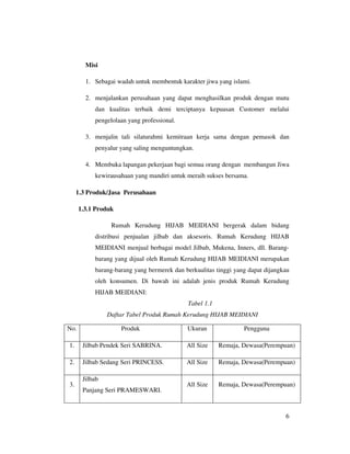 Misi

        1. Sebagai wadah untuk membentuk karakter jiwa yang islami.

        2. menjalankan perusahaan yang dapat menghasilkan produk dengan mutu
           dan kualitas terbaik demi terciptanya kepuasan Customer melalui
           pengelolaan yang professional.

        3. menjalin tali silaturahmi kemitraan kerja sama dengan pemasok dan
           penyalur yang saling menguntungkan.

        4. Membuka lapangan pekerjaan bagi semua orang dengan membangun Jiwa
           kewirausahaan yang mandiri untuk meraih sukses bersama.

     1.3 Produk/Jasa Perusahaan

      1.3.1 Produk

                 Rumah Kerudung HIJAB MEIDIANI bergerak dalam bidang
           distribusi penjualan jilbab dan aksesoris. Rumah Kerudung HIJAB
           MEIDIANI menjual berbagai model Jilbab, Mukena, Inners, dll. Barang-
           barang yang dijual oleh Rumah Kerudung HIJAB MEIDIANI merupakan
           barang-barang yang bermerek dan berkualitas tinggi yang dapat dijangkau
           oleh konsumen. Di bawah ini adalah jenis produk Rumah Kerudung
           HIJAB MEIDIANI:
                                            Tabel 1.1
                Daftar Tabel Produk Rumah Kerudung HIJAB MEIDIANI

No.                  Produk                 Ukuran               Pengguna

1.     Jilbab Pendek Seri SABRINA.          All Size    Remaja, Dewasa(Perempuan)

2.     Jilbab Sedang Seri PRINCESS.         All Size    Remaja, Dewasa(Perempuan)

       Jilbab
3.                                          All Size    Remaja, Dewasa(Perempuan)
       Panjang Seri PRAMESWARI.



                                                                                6
 