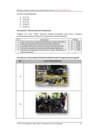 RPP Mata Pelajaran Prakarya dan Kewirausahaan Kelas X - www.syaiflash.com
©2017, Dit. Pembinaan SMA, Ditjen. Pendidikan Dasar dan Menengah 11
Jawaban yang paling tepat:
A. 1), 4), 5)
B. 1) dan 4)
C. 2), 3), 4)
D. 1) dan 5)
E. 2) dan 3)
Pertanyaan2. Macam-macamTransportasi
Lingkari “Ya” atau “Tidak” berkaitan dengan pernyataan yang sesuai, mengenai
pertumbuhan populasi transportasi yang berasa di daerah pedesaan.
No Pernyataan Pilihan
1 Alat transportasi yang berada dipedesaan sangat dibutuhkan Ya Tidak
2 Sifat alat transportasi dipedesaan bersifat sederhana Ya Tidak
3 Gerobak adalah alat transportasi khas di daerah pedesaan Ya Tidak
4 Gerobak yang ditarik hewan banyak dijumpai dipedesaan Ya Tidak
5 Kendaraan pengangkut bermesin besar sangat dibutuhkan di
daerah pedesaan
Ya Tidak
Pertanyaan3. MenentukanTeknikProduksi ProdukTransportasi danLogistik
NO. ALAT TRANSPORTASI
a.
b.
 