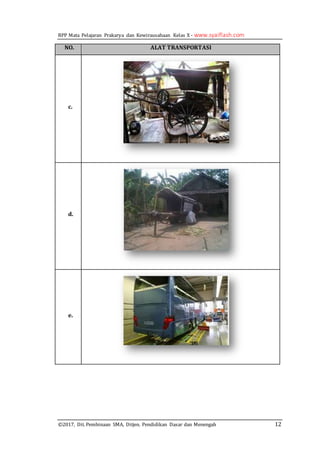 RPP Mata Pelajaran Prakarya dan Kewirausahaan Kelas X - www.syaiflash.com
©2017, Dit. Pembinaan SMA, Ditjen. Pendidikan Dasar dan Menengah 12
NO. ALAT TRANSPORTASI
c.
d.
e.
 