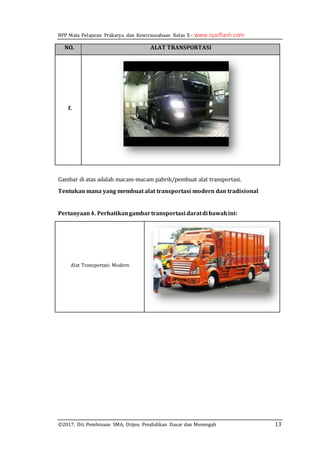 RPP Mata Pelajaran Prakarya dan Kewirausahaan Kelas X - www.syaiflash.com
©2017, Dit. Pembinaan SMA, Ditjen. Pendidikan Dasar dan Menengah 13
NO. ALAT TRANSPORTASI
f.
Gambar di atas adalah macam-macam pabrik/pembuat alat transportasi.
Tentukan mana yang membuat alat transportasi modern dan tradisional
Pertanyaan4. Perhatikangambartransportasi daratdi bawahini:
Alat Transportasi Modern
 