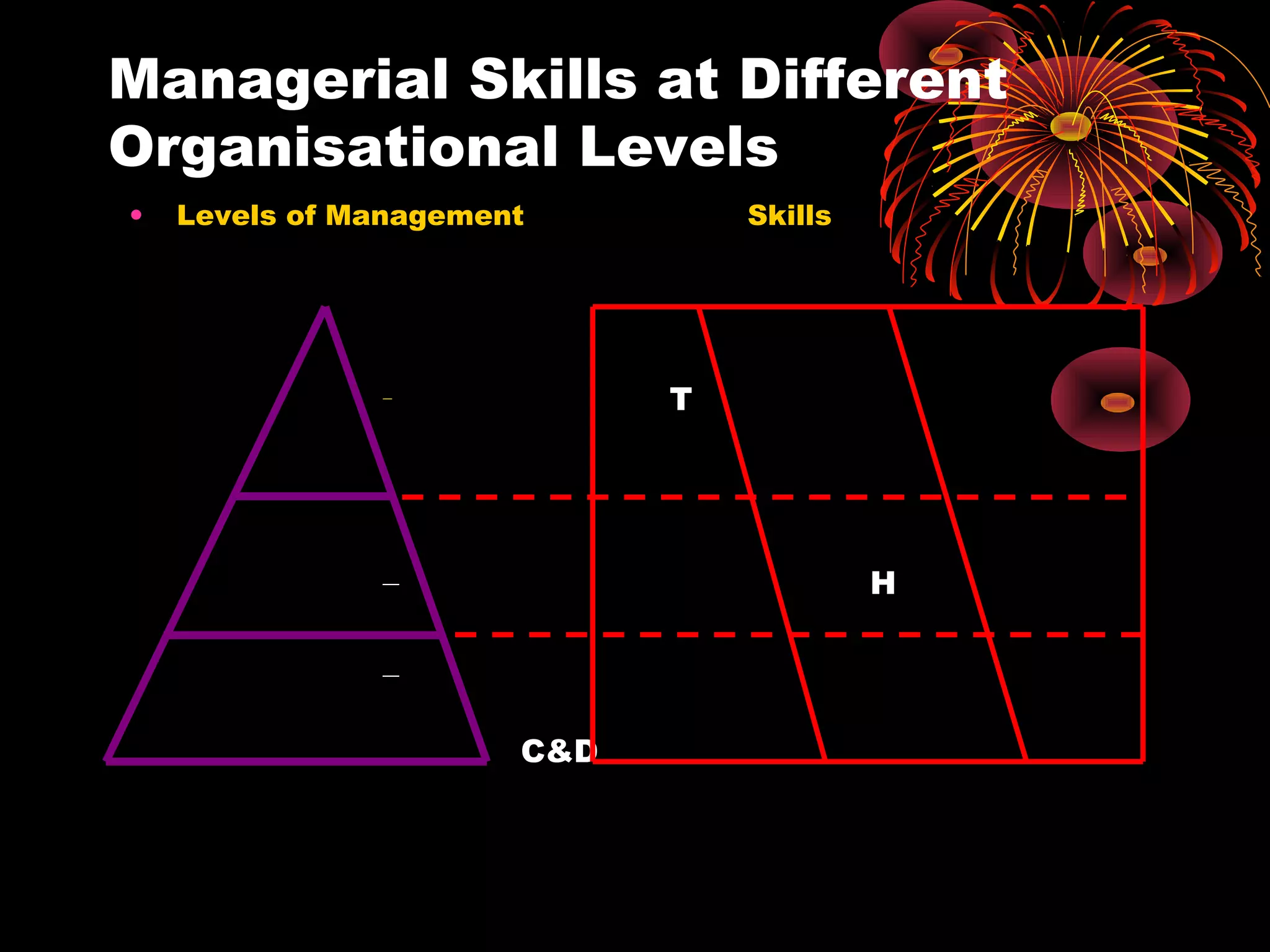 Managerial Skills at Different
Organisational Levels
• Levels of Management Skills
– T
– H
–
C&D
 