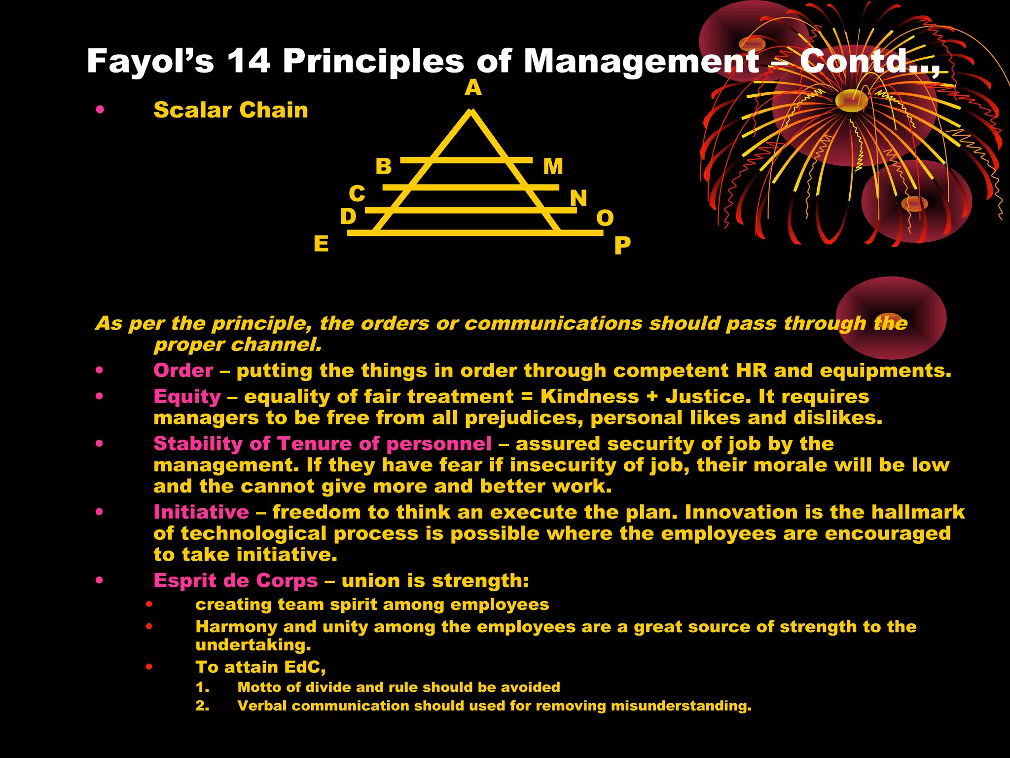 Fayol’s 14 Principles of Management – Contd..,
• Scalar Chain
As per the principle, the orders or communications should pass through the
proper channel.
• Order – putting the things in order through competent HR and equipments.
• Equity – equality of fair treatment = Kindness + Justice. It requires
managers to be free from all prejudices, personal likes and dislikes.
• Stability of Tenure of personnel – assured security of job by the
management. If they have fear if insecurity of job, their morale will be low
and the cannot give more and better work.
• Initiative – freedom to think an execute the plan. Innovation is the hallmark
of technological process is possible where the employees are encouraged
to take initiative.
• Esprit de Corps – union is strength:
• creating team spirit among employees
• Harmony and unity among the employees are a great source of strength to the
undertaking.
• To attain EdC,
1. Motto of divide and rule should be avoided
2. Verbal communication should used for removing misunderstanding.
A
C
D
B
E
M
N
O
P
 