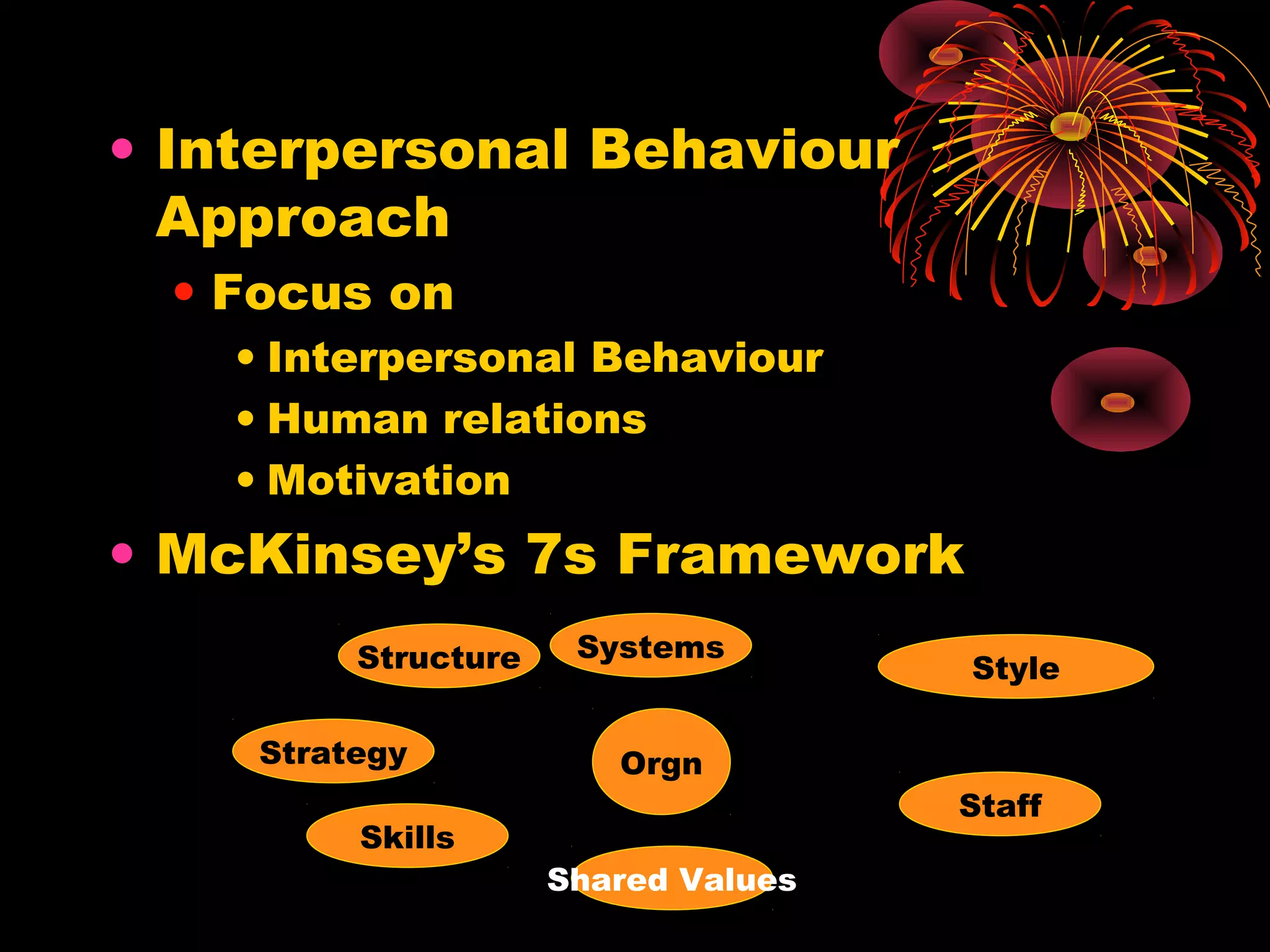 • Interpersonal Behaviour
Approach
• Focus on
• Interpersonal Behaviour
• Human relations
• Motivation
• McKinsey’s 7s Framework
Orgn
Structure
Strategy
Skills
Shared Values
Systems
Staff
Style
 