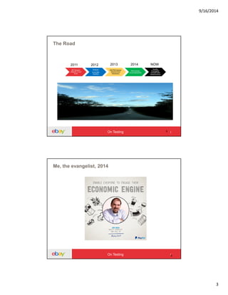 9/16/2014
3
5
The Road
QE Director
(Search: Front
End)
Director
(Live Site
Quality)
QE/PM Director
(End-to-End
Solutions)
PM Director
(CommerceOS)
Quality
Evangelist
(Global Data
Infrastructure)
2011 2012 2013 2014 NOW
On Testing
6
Me, the evangelist, 2014
On Testing
 
