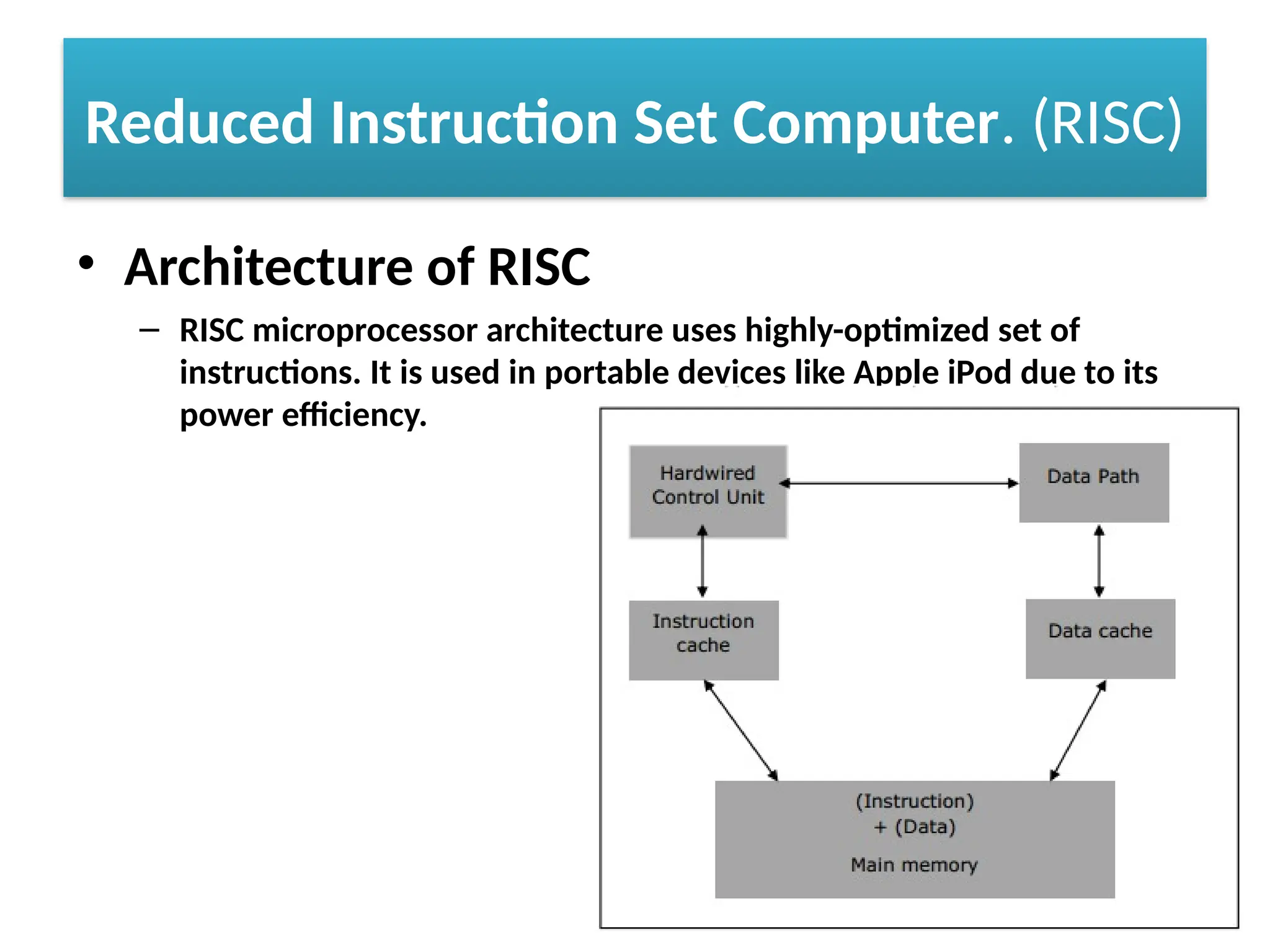 Reduced Instruction Set Computer. (RISC)
• Architecture of RISC
– RISC microprocessor architecture uses highly-optimized set of
instructions. It is used in portable devices like Apple iPod due to its
power efficiency.
 