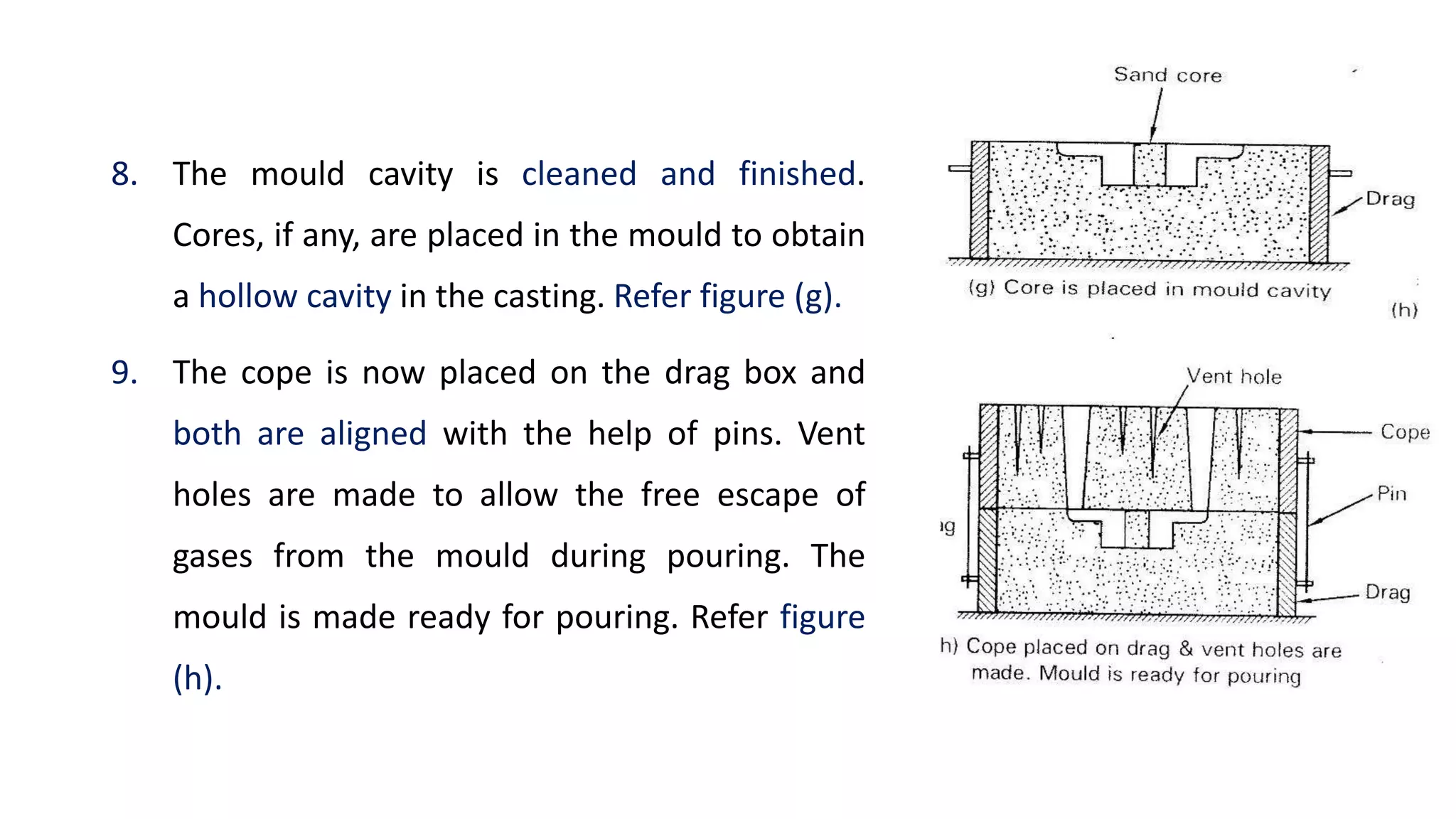8. The mould cavity is cleaned and finished.
Cores, if any, are placed in the mould to obtain
a hollow cavity in the casting. Refer figure (g).
9. The cope is now placed on the drag box and
both are aligned with the help of pins. Vent
holes are made to allow the free escape of
gases from the mould during pouring. The
mould is made ready for pouring. Refer figure
(h).
 