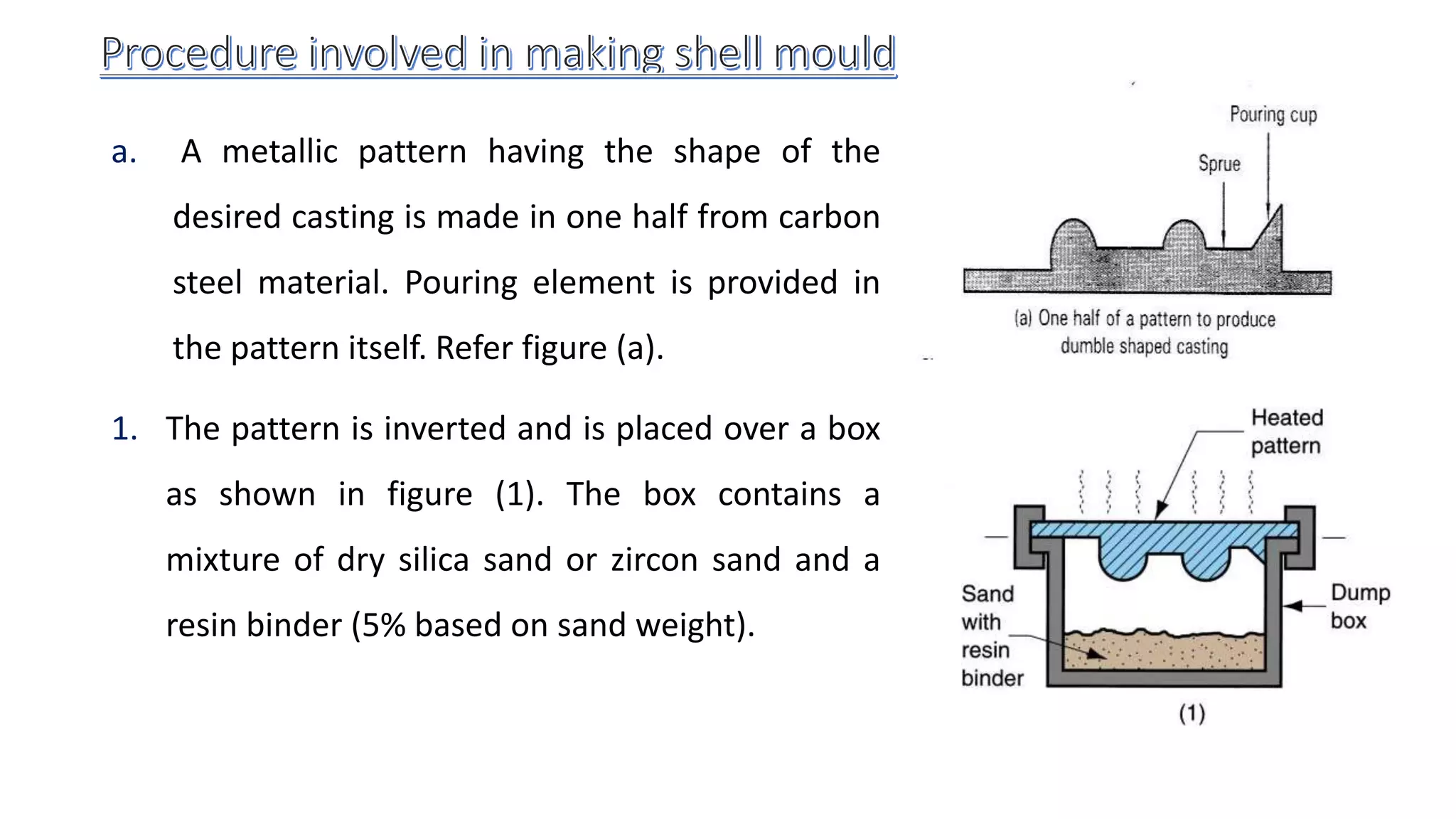 a. A metallic pattern having the shape of the
desired casting is made in one half from carbon
steel material. Pouring element is provided in
the pattern itself. Refer figure (a).
1. The pattern is inverted and is placed over a box
as shown in figure (1). The box contains a
mixture of dry silica sand or zircon sand and a
resin binder (5% based on sand weight).
 