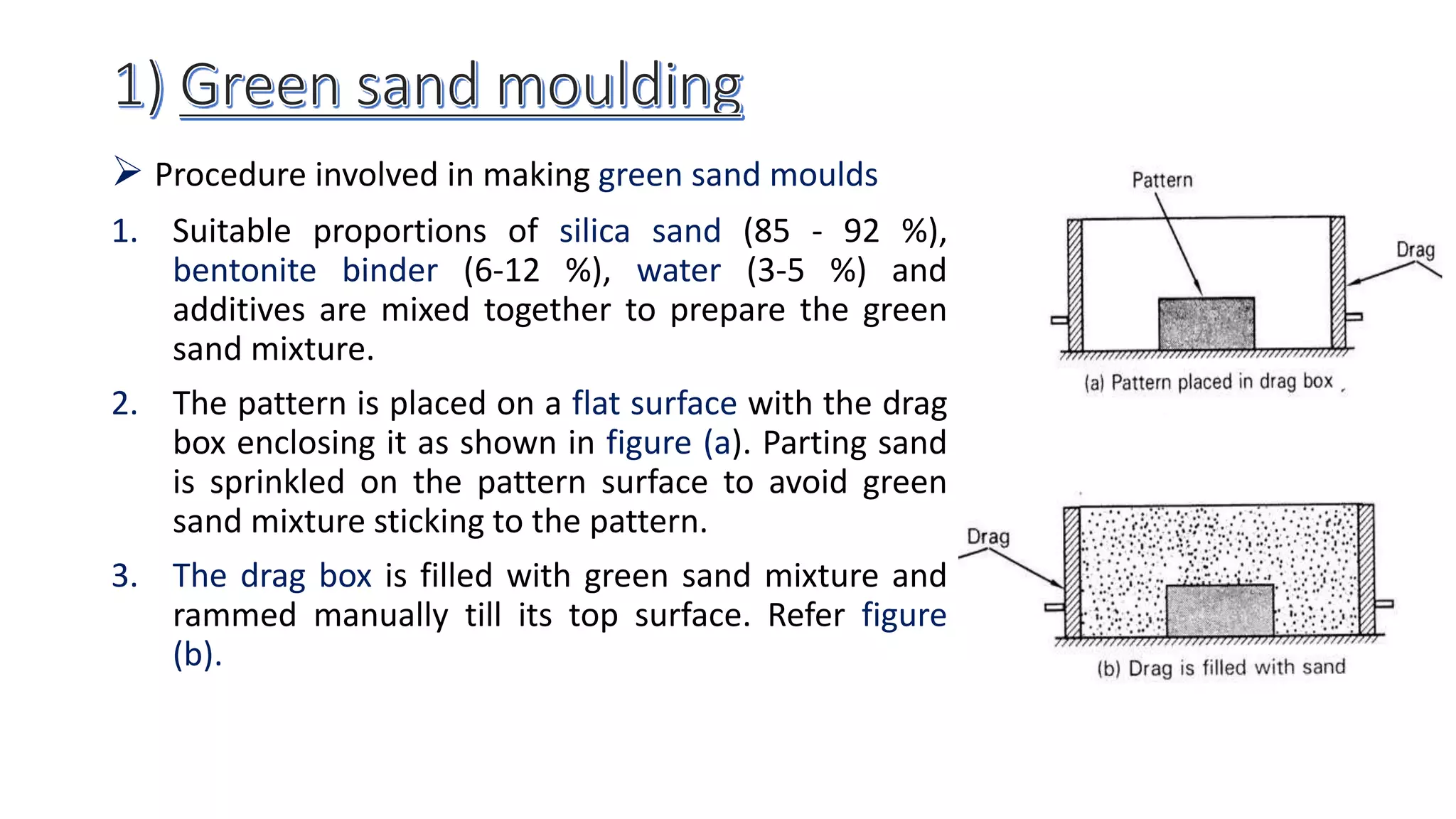  Procedure involved in making green sand moulds
1. Suitable proportions of silica sand (85 - 92 %),
bentonite binder (6-12 %), water (3-5 %) and
additives are mixed together to prepare the green
sand mixture.
2. The pattern is placed on a flat surface with the drag
box enclosing it as shown in figure (a). Parting sand
is sprinkled on the pattern surface to avoid green
sand mixture sticking to the pattern.
3. The drag box is filled with green sand mixture and
rammed manually till its top surface. Refer figure
(b).
 