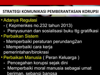 STRATEGI KOMUNIKASI PEMBERANTASAN KORUPSI
54
KEMENTERIAN KESEHATAN RI 6Upaya Pemberantasan Korupsi
• Adanya Regulasi
- ( Kepmenkes no.232 tahun 2013)
- Penyusunan dan sosialisasi buku ttg gratifkasi
• Perbaikan Sistem
- Memperbaiki peraturan perundang2an
- Memperbaiki cara kerja
pemerintahan/birokrasi
• Perbaikan Manusia ( Peran Keluarga )
- Pencegahan korupsi sejak dini
- Memperbaiki moral manusia sebagai umat
beriman, sebangi bangsa
 