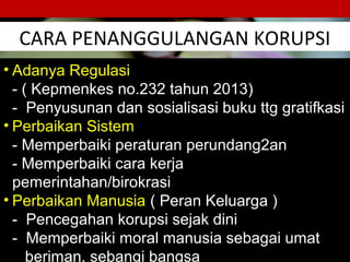 CARA PENANGGULANGAN KORUPSI
55
KEMENTERIAN KESEHATAN RI 6Upaya Pemberantasan Korupsi
• Adanya Regulasi
- ( Kepmenkes no.232 tahun 2013)
- Penyusunan dan sosialisasi buku ttg gratifkasi
• Perbaikan Sistem
- Memperbaiki peraturan perundang2an
- Memperbaiki cara kerja
pemerintahan/birokrasi
• Perbaikan Manusia ( Peran Keluarga )
- Pencegahan korupsi sejak dini
- Memperbaiki moral manusia sebagai umat
beriman, sebangi bangsa
 
