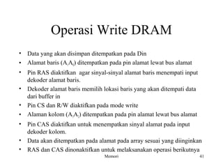Operasi Write DRAM 
• Data yang akan disimpan ditempatkan pada Din 
• Alamat baris (A1A0) ditempatkan pada pin alamat lewat bus alamat 
• Pin RAS diaktifkan agar sinyal-sinyal alamat baris menempati input 
dekoder alamat baris. 
• Dekoder alamat baris memilih lokasi baris yang akan ditempati data 
dari buffer in 
• Pin CS dan R/W diaktifkan pada mode write 
• Alaman kolom (A3A2) ditempatkan pada pin alamat lewat bus alamat 
• Pin CAS diaktifkan untuk menempatkan sinyal alamat pada input 
dekoder kolom. 
• Data akan ditempatkan pada alamat pada array sesuai yang diinginkan 
• RAS dan CAS dinonaktifkan untuk melaksanakan operasi berikutnya 
Memori 41 
 