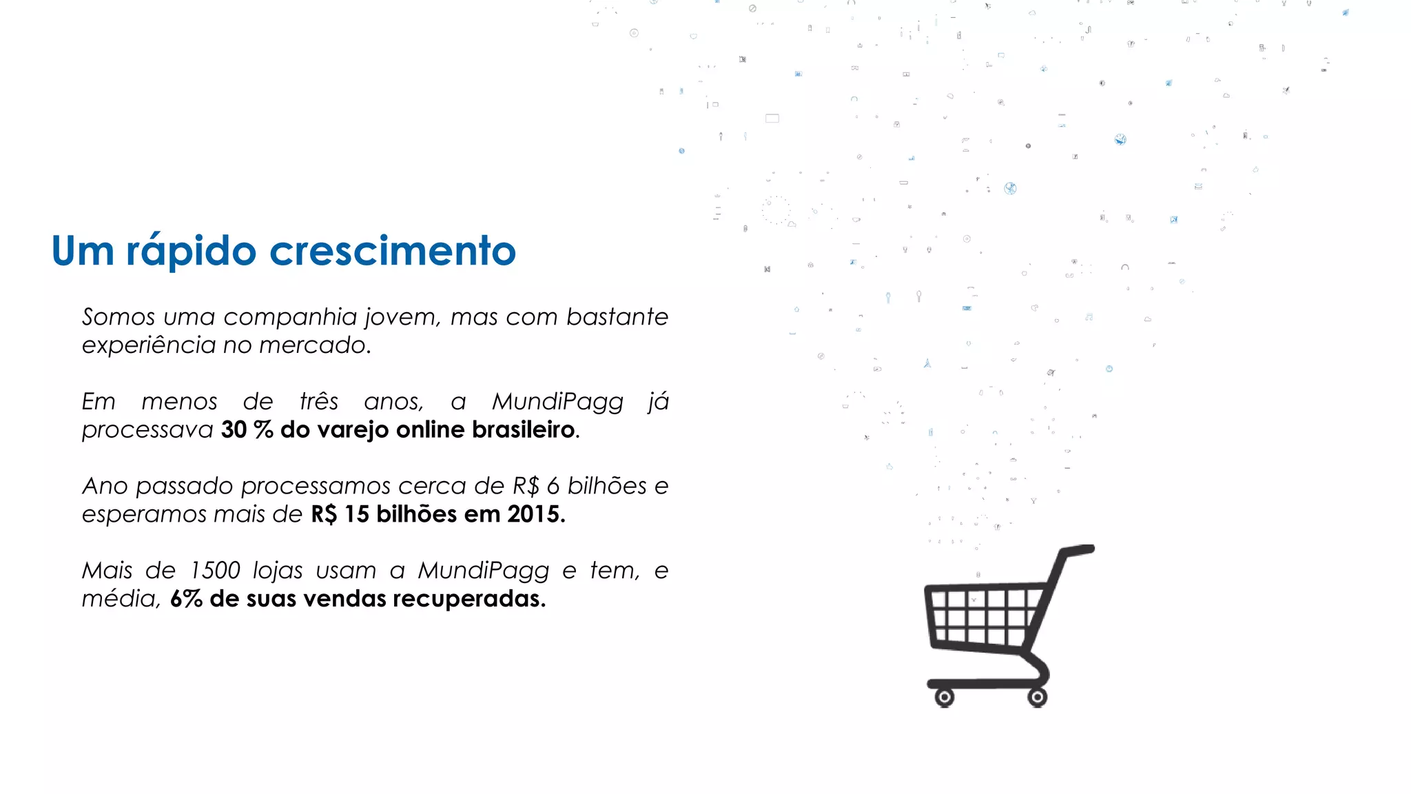 Um rápido crescimento
Somos uma companhia jovem, mas com bastante
experiência no mercado.
Em menos de três anos, a MundiPagg já
processava 30 % do varejo online brasileiro.
Ano passado processamos cerca de R$ 6 bilhões e
esperamos mais de R$ 15 bilhões em 2015.
Mais de 1500 lojas usam a MundiPagg e tem, e
média, 6% de suas vendas recuperadas.
 