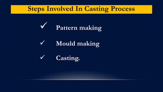 Steps Involved In Casting Process
 Pattern making
 Mould making
 Casting.
 