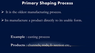 Primary Shaping Process
 It is the oldest manufacturing process.
 Its manufacture a product directly to its usable form.
Example : casting process
Products : channels, rods, I- section etc.,
 