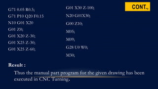 CONT.,G71 0.05 R0.5;
G71 P10 Q20 F0.15
N10 G01 X20
G01 Z0;
G01 X20 Z-30;
G01 X25 Z-30;
G01 X25 Z-60;
Result :
Thus the manual part program for the given drawing has been
executed in CNC Turning.
G01 X30 Z-100;
N20 G01X30;
G00 Z10;
M05;
M09;
G28 U0 W0;
M30;
 