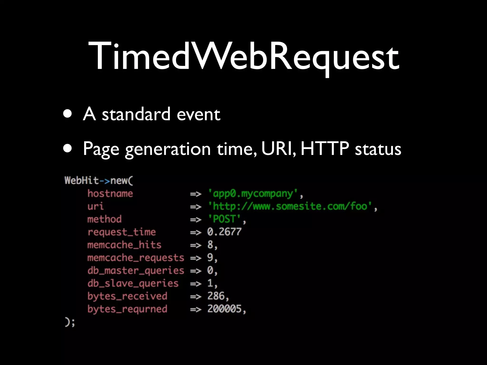 TimedWebRequest
• A standard event
• Page generation time, URI, HTTP status
 
