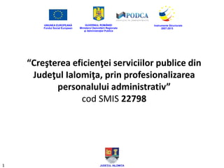 UNIUNEA EUROPEANĂ
Fondul Social European
GUVERNUL ROMÂNIEI
Ministerul Dezvoltării Regionale
şi Administraţiei Publice
Instrumente Structurale
2007-2013
JUDEŢUL IALOMIŢA
“Creşterea eficienţei serviciilor publice din
Judeţul Ialomiţa, prin profesionalizarea
personalului administrativ”
cod SMIS 22798
1
 