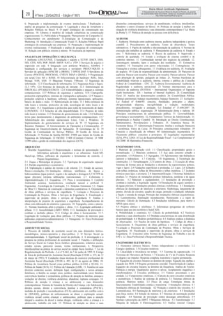 20

4ª feira |23/Out/2013 - Edição nº 9071

6. Preparação e implementação de eventos institucionais. 7.Realização e
análise de pesquisas de comunicação. 8. Legislação e ética de Jornalismo e
Relações Públicas no Brasil. 9. O papel estratégico da comunicação nas
empresas. 10. Gêneros e modelos de redação jornalística na comunicação
organizacional. 11. Publicidade e Propaganda: Planejamento de Campanha 12.
Conhecimentos em atendimento 13.Estratégias de Comunicação e de
Marketing. 14. Introdução à Comunicação Visual 15. Relações Públicas: Papel
estratégico da comunicação nas empresas. 16. Preparação e implementação de
eventos institucionais. 17.Realização e análise de pesquisas de comunicação.
18. Relação com públicos externo e interno. 19.Assessoria de imprensa.
ANALISTA DE OPERAÇÕES E SEGURANÇA
1 Ambiente LINUX/UNIX. 2 Instalação e suporte a TCP/IP, DHCP, DNS,
NIS, CIFS, NFS, POP, IMAP, SMTP, NAT e FTP. 3 Serviços de arquivo e
impressão em rede. 4 Integração com ambiente Windows, SAMBA. 5
Instalação e configuração dos serviços e servidores PROXY/SQUID. 6
Servidor de aplicação (APACHE e JBOSS). 7 OPENLDAP. 8 Servidores de
Correio (POSTFIX, PROCMAIL, CYRUS IMAP e QMAIL). 9 Programação
em script Unix SH e BASH. 10 Infra‐estrutura de hardware: RISC, Intel,
Storage, NAS, SAN. 11 Máquinas Virtuais, VMware. 12 Segurança da
informação. 12.1 Classificação de informações. 12.2 Segurança física e lógica.
12.3 VPN. 12.4 Sistemas de detecção de intrusão. 12.5 Administração de
FIREWALL (IPTABLES/CISCO) 12.6 Vulnerabilidades e ataques a sistemas
computacionais. 12.7 Políticas de segurança e auditoria. 12.8 Criptografia,
protocolos criptográficos, sistemas de criptografia e aplicações. 12.9 Ataques e
proteções relativos a hardware, software, sistemas operacionais, aplicações,
bancos de dados e redes. 13 Administração de redes. 13.1 Infra‐estruturas de
rede locais e remotas, protocolos de rede, tecnologias de redes locais e de
inter‐redes. 13.2 Arquiteturas e protocolos para redes de transmissão de dados
(LAN/MAN). 13.3 Soluções de alta disponibilidade. 13.4 Projetos de redes
rede locais e remotas. 13.5 Sistemas de gerenciamento de rede. 13.6 Softwares
livres para monitoramento e diagnóstico de ambientes computacionais. 13.7
Administração dos sistemas operacionais Linux, Unix e Windows. 14
Implementação do gerenciamento de serviços de TI. 15 Segurança em
Recursos Humanos. 16 Gerenciamento de Operações e Comunicações. 17
Segurança no Desenvolvimento de Aplicações. 18 Governança de TI. 19
Gestão de Continuidade no Serviço Público. 20 Gestão de Ativos de
Informação. 21 Normas da família ISO/IEC 27000 que tratam da Gestão de
Segurança da Informação. 22 ISO/IEC 15408 (Common Criteria). 23 NBR
15999 sobre a gestão de continuidade dos negócios (GCN).
ARQUITETO
1. Desenho Arquitetônico 1.1.Representação e normas de apresentação 1.2.
Informática aplicada à arquitetura e ao urbanismo: AutoCAD,
Sketch-up, Office, softwares de orçamento e ferramentas de controle. 2.
Projeto Arquitetônico.
2.1. Etapas e Metodolgia de projeto. 2.2. Tipologias de organização espacial.
2.3. Partido arquitetônico e construtivo.
2.4. Implantação e análise do terreno e do entorno. 2.5. Estudo de acessos,
ﬂuxos e circulações. 2.6. Instalações elétricas, telefônicas, de lógica e
hidrossanitárias (água potável, esgoto e de captação e drenagem 6.174/1970 de
águas pluviais) em/para ediﬁcações convencionais. 2.7. Coberturas e
impermeabilização. 2.8. Esquadrias. 2.9. Pisos e revestimentos 3. Conforto
Ambiental, acústica, luminotécnica, ventilação natural e artificial. 4.
Ergonomia. .Tecnologia da Construção. 5.1. Sistemas Estruturais 5.2. Etapas
de Obra 5.3. Materiais de construção e elementos construtivos. 6. Orçamentos
de obras públicas e serviços de engenharia. 7. Licitação e Processos de
Contratação de Projetos, Obras e Serviços de Engenharia. 8. Fiscalização e
supervisão de projeto, obras e serviços de Engenharia. 9. Análise e
interpretação de projetos de arquitetura e engenharia. Acompanhamento de
obras com elaboração de relatórios e pareceres. 10. Topograﬁa, cortes e aterros.
11. Normas brasileiras afins a projetos e obras. 11.1. Legislação ambiental e
urbana. 11.2. Acessibilidade (ABNT 9050). 11.3. Instalações de prevenção e
combate a incêndio pânico. 11.4. Código de obras e licenciamento. 11.5.
Legislação de Licitações para obras públicas. 12. Projetos de interiores para
ambientes corporativos/administrativos. 13. Paisagismo. 14. Ética Profissional
e Responsabilidade Técnica.
ASSISTENTE SOCIAL
1. Processo de trabalho do assistente social em suas dimensões teóricometodológica, técnico-operativa e ético-político. 2. O Serviço Social na
contemporaneidade. 3. Significado social da profissão. 4. A investigação e a
pesquisa na prática profissional do assistente social. 5. Funções e atribuições
do Serviço Social no Campo Sócio Jurídico: planejamento, relatórios sociais,
estudos sociais, pareceres sociais, visitas institucionais. 6. Perspectiva
interdisciplinar na prática do serviço social no campo Sócio Jurídico. 7. Lei de
Regulamentação da Profissão - Lei n° 8.662, de 7 de junho de 1993. 8. Código
de Ética do profissional do Assistente Social (Resolução CFESS n. 273, de 13
de março de 1993). 9. Condições éticas técnicas do exercício profissional do
Assistente Social (Resolução CFESS n. 493, de 21 de agosto de 2006). 10.
Política de Assistência Social como política pública (LOAS e SUAS). 11.
Política de Saúde (SUS). 12. Política de Educação (LDB). 13. Família em seus
diversos contextos sociais: definição legal, configurações e novos arranjos
familiares, a família no campo sócio jurídico, matricialidade sócio familiar,
convivência familiar e comunitária, políticas de atenção às famílias, ameaça e
violações de direitos, violência doméstica, abandono, rupturas conjugais. 14.
Políticas de atenção à criança e ao adolescente e suas dimensões
contemporâneas: Sistema de Garantia de Direitos da Criança e do Adolescente,
direitos sociais, direito a convivência familiar e comunitária (PNCFC),
medidas de proteção e socioeducativas (ECA), adolescente em conflito com a
lei (SINASE), políticas de enfrentamento ao abuso e exploração sexualviolência sexual contra crianças e adolescentes, políticas para a atenção
integral a usuários de álcool e outras drogas, violências sobre a criança e o
adolescente, trabalho em rede. 15. Políticas de atenção ao idoso e suas

dimensões contemporâneas: serviços de atendimento, violência intrafamiliar,
abandono e outros (Estatuto do Idoso). 16. Políticas de atenção à mulher em
situação de violência doméstica e suas dimensões contemporâneas (“Lei Maria
da Penha”). 17. Políticas de atenção às pessoas com deficiência.
AUDITOR
1. Auditoria: Distinção entre auditoria interna, auditoria independente e perícia
contábil. 2. Procedimentos de auditoria. Testes de observância. Testes
substantivos. 3. Papéis de trabalho e documentação de auditoria. 4. Normas de
execução dos trabalhos de auditoria. 5. Planejamento da auditoria. 6. Fraude e
erro. 7. Relevância na auditoria. 8. Riscos da auditoria. 9. Supervisão e
controle de qualidade. 10. Estudo e avaliação do sistema contábil e de
controles internos. 11. Continuidade normal dos negócios da entidade. 12.
Amostragem: tamanho, tipos e avaliação dos resultados. 13. Estimativas
contábeis. 14. Transações com partes relacionadas. 15. Contingências. 16.
Transações e eventos subsequentes. 17. Evidência em auditoria. 18. Avaliação
do negócio. 19. Carta de responsabilidade da administração. 20. Pareceres de
auditoria. Parecer sem ressalva. Parecer com ressalva. Parecer adverso. Parecer
com abstenção de opinião, parágrafo de ênfase. 21. Normas brasileiras de
contabilidade relativas à auditoria, interna, externa e pública do Conselho
Federal de Contabilidade – CFC. 22. Auditoria Governamental. Auditoria de
Regularidade e auditoria operacional. 23 Normas internacionais para o
exercício da auditoria (INTOSAI – International Organization of Supreme
Audit Institutions; IIA – Institute of Internal Auditors). 24. Contabilidade
Geral. 25. Analise das demonstrações contábeis. 26. Contabilidade Pública.
Balanço patrimonial, balanço orçamentário, balanço financeiro. 27. Licitações:
Lei Federal nº 8.666/93: conceito, finalidades, princípios e objeto,
obrigatoriedade dispensa, inexigibilidade e vedação; modalidades;
procedimento, revogação e anulação. Lei Estadual nº 15.608/2007. 28.
Administração pública: organização. 29 Administração direta e indireta. 30.
Princípios constitucionais da administração pública. 31. Governabilidade,
governança e accountability. 32. Fundamentos Teóricos da Administração. 33.
Interpretação e Análise Contábil. 34. Introdução ao Direito Constitucional,
Administrativo, Previdenciário e Tributário. 35. Estatística básica. 36.
Economia básica. 37. Administração Financeira. Análise e avaliação financeira
e econômica. Fluxo de Caixa. 38 Princípios constitucionais tributários. 39
Conceito e classificação de tributos. 40 Administração orçamentária. 41
Orçamento público: conceitos e princípios. 42 Legislações orçamentárias
(LOA, PPA, LDO). 43 Lei de Responsabilidade Fiscal – Lei Complementar nº
101/2000. 44 Matemática Financeira.
ENGENHEIRO CIVIL
1 Materiais de construção civil. 1.1 Classificação, propriedades gerais e
normalização. 1.2 Materiais cerâmicos. 1.3 Aço para concreto armado e
protendido. 1.4 Polímeros. 1.5 Agregados. 1.6 Aglomerantes não-hidráulicos
(aéreos) e hidráulicos. 1.7 Concreto. 1.8 Argamassas. 2 Tecnologia das
construções. 2.1 Terraplanagem. 2.2 Canteiro de obras. 2.3 Locação de obras.
Sistemas de formas para as fundações e elementos da superestrutura (pilares,
vigas e lajes). 2.4 Fundações superficiais e profundas. 2.5 Lajes. 2.6 Telhados
com telhas cerâmicas, telhas de fibrocimento e telhas metálicas. 2.7 Isolantes
térmicos para lajes e alvenaria. 2.8 Impermeabilização. 3 Sistemas hidráulicos
prediais. 3.1 Projetos de instalações prediais hidráulicas, sanitárias e de águas
pluviais. 3.2 Materiais e equipamentos. 3.3 Instalações de prevenção e
combate à incêndio, e legislação vigente. 3.4 Instalações de esgoto sanitário e
de águas pluviais. 4 Instalações prediais elétricas e telefônicas. 4.1 Instalações
elétricas de iluminação de interiores e exteriores. Simbologia, lançamento de
pontos, divisão de circuitos, quadro de cargas, proteção e condução, tubulação
e fiação e entrada de energia. Proteção das instalações elétricas arquitetônicas.
4.2 Luminotécnica. Iluminação incandescente, fluorescente e a vapor de
mercúrio. Cálculo de iluminação. 4.3 Instalações telefônicas, para motriz e
SPDA (pára-raios).
4.4 Projetos elétrico e telefônico. 5. Informática (programas de software
básicos para uso em escritório e AutoCAD).
6. Probabilidade e estatística. 6.1 Cálculo de probabilidade. 6.2 Variáveis
aleatórias e suas distribuições. 6.3 Medidas características de uma distribuição
de probabilidade. 6.4 Modelos probabilísticos. 6.5 Análises estática e dinâmica
de observações. 6.6 Noções de testes de hipóteses. 7. Código de obras e
licenciamento. 8. Orçamentos de obras públicas e serviços de engenharia.
9.Licitação e Processos de Contratação de Projetos, Obras e Serviços de
Engenharia. 10. Fiscalização e supervisão de projeto, obras e serviços de
Engenharia. 11. Conceitos sobre Normas de Segurança do Trabalho e uso de
EPI’s. 12. Ética Profissional e Responsabilidade Técnica.
ENGENHEIRO ELETRICISTA
1.1 Elementos elétricos básicos. Fontes independentes e controlados. 1.2
Energia e potência. 1.3 Circuitos resistivos.
1.4 Lincaridade e invariância no tempo. 1.5 Teorema da superposição. 1.6
Teoremas de Thevenin e de Norton. 1.7 Circuitos de 1ª e de 2ª ordem. Resposta
ao degrau e ao impulso. Resposta completa, transitório e regime permanente.
1.8 Equações de circuitos lineares ao domínio do tempo. Equação das malhas e
equação dos NOS. 1.9 Regime permanente senoidal. Transformada de Laplace.
Equações de circuitos lineares no domínio da frequência. Análise de Fourier.
Potência e energia. Quadripolos passivo e ativos. Acoplamento magnético e
transformadores. 2 Circuitos polifásicos. 2.1 Valores percentuais e por
unidade. 2.2 Componentes simétricas. 2.3 Cálculo de curto-circuitos simétricos
e assimétricos. 3 Análise de sistemas de potência. 3.1 Sistemas elétricos de
potência. Matrizes nodais. 3.2 Fluxo de carga. Estratégias ótimas de
funcionamento. Estabilidades estática e transitória. 4 Instalações elétricas. 4.1
Instalações elétricas de iluminação. 4.2 Proteção e controle dos circuitos. 4.3
Luminotécnica. 4.4 Iluminação de interiores e de exteriores. 4.5 Instalações
para força motriz. 4.6 Seleção de motores. 4.7 Sistemas de automação predial
integrada. 4.8 Sistemas de prevenção contra descargas atmosféricas. 4.9
Normas e prescrições da ABNT. 5 Máquinas elétricas. 5.1 Transformador. 5.2
Máquina de indução. 6 Eletromagnetismo. 6.1 Análise vetorial. Campos

 