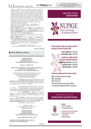 UNIVERSIDADE ESTADUAL DO NORTE DO PARANÁ
EDITAL Nº 061/2013-GR
O Vice-Reitor no Exercício da Reitoria da Universidade Estadual do Norte do
Paraná – UENP, no exercício regular de seu cargo e prerrogativas legais de suas
funções, considerando o contido no Edital de Resultado Final nº 055/2013-GR,
4ª feira |23/Out/2013 - Edição nº 9071
de 07/10/2013 e Edital de Retificação nº 059/2013, de 16/10/2013, publicados
no DIOE - Suplemento de Concursos nº 9061, de 09/10/2013 e 9068, de
18/10/2013, respectivamente, para contratação de agente universitário na
modalidade “CRES” - Contrato em Regime Especial, para as funções de
Técnico Administrativo e Auxiliar Operacional, RESOLVE: CONVOCAR os
candidatos abaixo-relacionados, aprovados e classificados no Processo Seletivo
Simplificado para contratação de agente universitário na modalidade “CRES” Contrato em Regime Especial, para as funções de Técnico Administrativo e
Agente Operacional, realizado em conformidade com o Edital de Publicação nº
046/2013 GR, de 23/08/2013, publicado no DIOE nº 9031, de 28/08/2013, para
comparecer até o dia 28/10/2013, para aceite da vaga e entrega de cópia da
documentação especificada no item 8 – Da Contratação, alíneas “a” a “p”, do
referido edital, nos horários e locais abaixo mencionados, conforme segue:
CAMPUS DE CORNÉLIO PROCÓPIO
Local: PR-160 – KM 0 – Saída para Leópolis – Cornélio Procópio – PR
Departamento de Recursos Humanos - Horário: 14:00 às 19:00 horas.
Função: Técnico Administrativo
Inscr.
Nome
RG
CLAS.
014/CCP Sara Maria Evangelista
10.721.670-7-PR
1ª
021/CCP Priscila Zanon
8.541.472-0-PR
2ª
CAMPUS LUIZ MENEGHEL DE BANDEIRANTES
Local: BR-369 – Km 54 – Vila Maria - Bandeirantes – PR
Depart. de Recursos Humanos-Horário: 8:00 às 12:00 e das 14:00 às 17:00 horas
Função: Auxiliar Operacional
Inscr.
Nome
RG
CLAS.
022/CLM Ronaldo Cesar Conceição
8.478.513-0
1º
E, para que surtam os efeitos legais, mandou expedir o presente Edital que
será divulgado no Diário Oficial do Estado – Suplemento de Concursos, nos
editais dos Campi da UENP, bem como pelo site: www.uenp.edu.br.
PUBLIQUE-SE.
Jacarezinho (PR), 18 de outubro de 2013.
Prof. Dr. Rinaldo Bernardelli Júnior - Vice-Reitor no Exercício da Reitoria

26

R$ 210,00 - 100272/2013

Polícia Militar do Paraná

ESTADO DO PARANÁ
POLÍCIA MILITAR
DIRETORIA DE PESSOAL
CENTRO DE RECRUTAMENTO E SELEÇÃO
EDITAL n.º 1.399/2013-CRS
RESULTADO PROVISÓRIO DA ETAPA SUBJETIVA (REDAÇÃO)
DA PROVA DE CONHECIMENTOS
(em cumprimento a Autos de Mandado de Segurança)
CONCURSO PÚBLICO PARA PREENCHIMENTO DE VAGAS
DE SOLDADO POLICIAL MILITAR (QPM 1-0) E DE
SOLDADO BOMBEIRO MILITAR (QPM 2-0)
DA POLÍCIA MILITAR DO PARANÁ
O PRESIDENTE DO CONCURSO PÚBLICO PARA
INGRESSO NA POLÍCIA MILITAR DO PARANÁ, regulado pelo Edital nº
1.107/12, no uso de suas atribuições e em cumprimento à decisão concedida nos
autos n. 0006465-51.2013.8.16.0130 - 1ª VFP, resolve:
Art. 1º DIVULGAR, com base no subitem 13.6 do Edital
nº 1.107/2012, o resultado provisório da etapa subjetiva da Prova de
Conhecimentos, do candidato MARCELLO AUGUSTUS, RG 88561163, ao
cargo de Soldado Policial Militar, conforme Anexo I do presente edital.
Art. 2º INFORMAR ao candidato, que encontra-se
disponível no endereço eletrônico www.fafipa.org/concurso, no Portal do
Candidato, o link para visualização da correção individualizada da prova
subjetiva (redação).
Art. 3º QUANTO ao resultado provisório da etapa subjetiva
(redação) divulgado, caberá interposição de recurso por meio do endereço
eletrônico www.fafipa.org/concurso a partir das 8h do dia 24/10/2013 até às
23h59 do dia 25/10/2013, observado o horário oficial de Brasília – DF.
Curitiba, PR, 23 de outubro de 2013.
(assinado no original)
Ten.-Cel. QOPM João Alves da Rosa Neto,
Presidente do Concurso.
ESTADO DO PARANÁ
POLÍCIA MILITAR
DIRETORIA DE PESSOAL
CENTRO DE RECRUTAMENTO E SELEÇÃO
ANEXO I DO EDITAL 1.399/2013 - CRS
NOME/RG/NOTA PROVISÓRIA ETAPA SUBJETIVA
MARCELLO AUGUSTUS/88561163/9.5
100181/2013

 