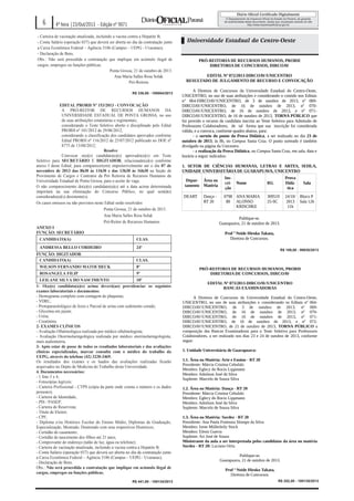 - CPF;
- Diplomas de Graduação, Especialização, Mestrado, Doutorado com seus
respectivos Históricos;
- Certidão de casamento;
4ª feira |23/Out/2013 até 21 anos;
- Certidão de nascimento dos filhos - Edição nº 9071
- Comprovante de endereço (talão de luz, água ou telefone);
- Carteira de vacinação atualizada, incluindo a vacina contra a Hepatite B;
- Conta Salário (operação 037) que deverá ser aberta no dia da contratação junto
a Caixa Econômica Federal – Agência 3186 (Campus – UEPG - Uvaranas);
- Declaração de Bens.
Obs.: Não será procedida a contratação que implique em acúmulo ilegal de
cargos, empregos ou funções públicas.
Ponta Grossa, 21 de outubro de 2013.
Ana Maria Salles Rosa Solak
Pró-Reitora

6

R$ 336,00 - 100004/2013

EDITAL PRORH Nº 153/2013 - CONVOCAÇÃO
A PRÓ-REITOR DE RECURSOS HUMANOS DA
UNIVERSIDADE ESTADUAL DE PONTA GROSSA, no uso
de suas atribuições estatutárias e regimentais;
considerando o Teste Seletivo aberto e disciplinado pelo Edital
PRORH nº 101/2012 de 29/06/2012;
considerando a classificação dos candidatos aprovados conforme
Edital PRORH nº 116/2012 de 25/07/2012 publicado no DOE nº
8775 de 13/08/2012;
Resolve:
Convocar o(a)(s) candidato(a)(s) aprovado(a)(s) em Teste
Seletivo para SECRETÁRIO E DIGITADOR, relacionado(a)(s) conforme
anexo I deste Edital, para comparecer(em) impreterivelmente até o dia 07 de
novembro de 2013 das 8h30 às 11h30 e das 13h30 às 16h30 na Seção de
Provimento de Cargos e Contratos da Pró Reitoria de Recursos Humanos da
Universidade Estadual de Ponta Grossa, para o aceite de vaga.
O não comparecimento do(a)(s) candidato(a)(s) até a data acima determinada
importará na sua eliminação do Concurso Público, no qual será(ão)
considerado(a)(s) desistente(s).
Os casos omissos ou não previstos neste Edital serão resolvidos
Ponta Grossa, 21 de outubro de 2013.
Ana Maria Salles Rosa Solak
Pró-Reitor de Recursos Humanos
ANEXO I
FUNÇÃO: SECRETÁRIO
CANDIDATO(A)

CLAS.

ANDRESSA BELLO CORDEIRO

Universidade Estadual do Centro-Oeste
PRÓ-REITORIA DE RECURSOS HUMANOS, PRORH
DIRETORIA DE CONCURSOS, DIRCOAV
EDITAL Nº 072/2013-DIRCOAV/UNICENTRO
RESULTADO DE JULGAMENTO DE RECURSO E CONVOCAÇÃO
A Diretora de Concursos da Universidade Estadual do Centro-Oeste,
UNICENTRO, no uso de suas atribuições e considerando o contido nos Editais
n° 064-DIRCOAV/UNICENTRO, de 3 de outubro de 2013, nº 069DIRCOAV/UNICENTRO, de 16 de outubro de 2013, nº 070DIRCOAV/UNICENTRO, de 16 de outubro de 2013, e nº 071DIRCOAV/UNICENTRO, de 16 de outubro de 2013, TORNA PÚBLICO que
foi provido o recurso da candidata inscrita ao Teste Seletivo para Admissão de
Professores Colaboradores, de tal forma que sua inscrição foi considerada
válida, e a convoca, conforme quadro abaixo, para:
- o sorteio do ponto da Prova Didática, a ser realizado no dia 23 de
outubro de 2013, às 8h, no Campus Santa Cruz. O ponto sorteado é também
divulgado na página da Unicentro.
- a realização da Prova Didática, no Campus Santa Cruz, em sala, data e
horário a seguir indicados:
1. SETOR DE CIÊNCIAS HUMANAS, LETRAS E ARTES, SEHLA,
UNIDADE UNIVERSITÁRIA DE GUARAPUAVA, UNICENTRO
Depar- Área ou
tamento Matéria
DEART

Dança RT 20

Inscrição

Nome

0798 ANA MARIA
80 ALONSO
KRISCHKE

309519
25-SC

Sala

24/10/ Bloco P
2013 Sala 126
11h

Publique-se.
Guarapuava, 21 de outubro de 2013.
Prof ª Neide Hiroko Takata,
Diretora de Concursos.

24º

FUNÇÃO: DIGITADOR
CANDIDATO(A)

Prova
Didática

RG

R$ 189,00 - 99830/2013

CLAS.

WILSON FERNANDO MATOCHECK

8º

ROSANGELA FILIP

9º

LEILANE SILVA DO NASCIMENTO
10º
1- O(a)(s) candidato(a)(s) acima deverá(ao) providenciar os seguintes
exames laboratoriais e documentos:
- Hemograma completo com contagem de plaquetas;
- VDRL;
- Protoparasitológico de fezes e Parcial de urina com sedimento corado;
- Glicemia em jejum;
- Uréia;
- Creatinina.
2- EXAMES CLÍNICOS
- Avaliação Oftalmológica realizada por médico oftalmologista;
- Avaliação Otorrinolaringológica realizada por médico otorrinolaringologista,
mais audiometria.
3- Após estar de posse de todos os resultados laboratoriais e das avaliações
clínicas especializadas, marcar consulta com o médico do trabalho da
UEPG, através do telefone (42) 3220-3469.
Os resultados dos exames e os laudos das avaliações realizadas ficarão
arquivados no Depto de Medicina do Trabalho desta Universidade.
4. Documentos necessários:
- 1 foto 3 x 4;
- Fotocópias legíveis:
- Carteira Profissional - CTPS (cópia da parte onde consta o número e os dados
pessoais);
- Carteira de Identidade;
- PIS / PASEP;
- Carteira de Reservista;
- Título de Eleitor;
- CPF;
- Diploma e/ou Histórico Escolar do Ensino Médio, Diplomas de Graduação,
Especialização, Mestrado, Doutorado com seus respectivos Históricos;
- Certidão de casamento;
- Certidão de nascimento dos filhos até 21 anos;
- Comprovante de endereço (talão de luz, água ou telefone);
- Carteira de vacinação atualizada, incluindo a vacina contra a Hepatite B;
- Conta Salário (operação 037) que deverá ser aberta no dia da contratação junto
a Caixa Econômica Federal – Agência 3186 (Campus – UEPG - Uvaranas);
- Declaração de Bens.
Obs.: Não será procedida a contratação que implique em acúmulo ilegal de
cargos, empregos ou funções públicas.
R$ 441,00 - 100134/2013

PRÓ-REITORIA DE RECURSOS HUMANOS, PRORH
DIRETORIA DE CONCURSOS, DIRCOAV
EDITAL Nº 073/2013-DIRCOAV/UNICENTRO
BANCAS EXAMINADORAS
A Diretora de Concursos da Universidade Estadual do Centro-Oeste,
UNICENTRO, no uso de suas atribuições e considerando os Editais nº 064DIRCOAV/UNICENTRO, de 3 de outubro de 2013, n
º
069DIRCOAV/UNICENTRO, de 16 de outubro de 2013, nº
070DIRCOAV/UNICENTRO, de 16 de outubro de 2013, nº
071DIRCOAV/UNICENTRO, de 16 de outubro de 2013, e nº 072DIRCOAV/UNICENTRO, de 21 de outubro de 2013, TORNA PÚBLICO a
composição das Bancas Examinadoras para o Teste Seletivo para Professores
Colaboradores, a ser realizado nos dias 23 e 24 de outubro de 2013, conforme
segue:
1. Unidade Universitária de Guarapuava:
1.1. Área ou Matéria: Arte e Ensino - RT 20
Presidente: Márcia Cristina Cebulski
Membro: Eglecy do Rocio Lippmann
Membro: Adnilson José da Silva
Suplente: Marcelo de Souza Silva
1.2. Área ou Matéria: Dança - RT 20
Presidente: Márcia Cristina Cebulski
Membro: Eglecy do Rocio Lippmann
Membro: Adnilson José da Silva
Suplente: Marcelo de Souza Silva
1.3. Área ou Matéria: Surdez - RT 20
Presidente: Ana Paula Fontoura Slompo da Silva
Membro: Irene Müllerleily Stock
Membro: Elenir Guerra
Suplente: Ari José de Souza
Ministrante da aula a ser interpretada pelos candidatos da área ou matéria
Surdez - RT 20: Luciano Ortiz
Publique-se.
Guarapuava, 21 de outubro de 2013.
Prof ª Neide Hiroko Takata,
Diretora de Concursos.
R$ 252,00 - 100135/2013

 