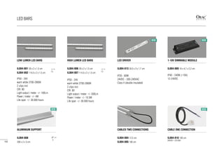 LOW LUMEN LED BARS
IL004-001 26 x 2 x 1,5 cm
IL004-002 114,5 x 2 x 1,5 cm
IP50 - 24V
warm white 2700-2900K
2 clips incl.
CRI: 80
Light output / meter: +/- 100Lm
Power / meter: +/- 4W
Life span: +/- 30.000 hours
HIGH LUMEN LED BARS
IL004-006 26 x 2 x 1,5 cm
IL004-007 114,5 x 2 x 1,5 cm
IP50 - 24V
warm white 2700-2900K
2 clips incl.
CRI: 80
Light output / meter: +/- 500Lm
Power / meter: +/- 10.5W
Life span: +/- 30.000 hours
LED DRIVER
IL004-013 30,5 x 3 x 1,7 cm
IP20 - 60W
24VDC - 200-240VAC
Class II (double insulated)
1-10V DIMMABLE MODULE
IL004-009 16 x 4,7 x 2,2 cm
IP40 - 240W (<10A)
12-24VDC
CABLES TWO CONNECTIONS
IL004-004 12,5 cm
IL004-005 100 cm
CABLE ONE CONNECTION
IL004-010 100 cm
DRIVER > LED BAR
ALUMINIUM SUPPORT
IL004-008
200 x 2 x 3 cm
2
3
2
1,5
2
1,5
NEW
NEW
NEW
NEW
152
LED BARS
 