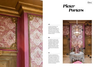 Pieter
Porters
1
10
5
13
11
12
7
14
4
6
58
es
En Porters Guesthouse, la
calidez tradicional del interior
se conjuga a la perfección con
la arquitectura del edificio. En
cada una de las estancias, las
columnas, las cornisas y los
recubrimientos de las paredes
acaparan todas las miradas de
una forma casi teatral.	
de
Im Gästehaus Porters steht
das warme, zeitlose Interieur
in perfektem Einklang mit der
Gebäudearchitektur. Auf fast
theatralische Weise fordern
die Säulen, Eckleisten und
Wandverkleidungen in jedem
einzelnen Zimmer die ihnen
gebührende Aufmerksamkeit
ein.
en
In Porters Guesthouse, the
traditional warm interior
harmonises perfectly with the
architecture of the building. In
every room columns, cornice
mouldings and wall coverings
draw your attention in an almost
theatrical manner.	
 