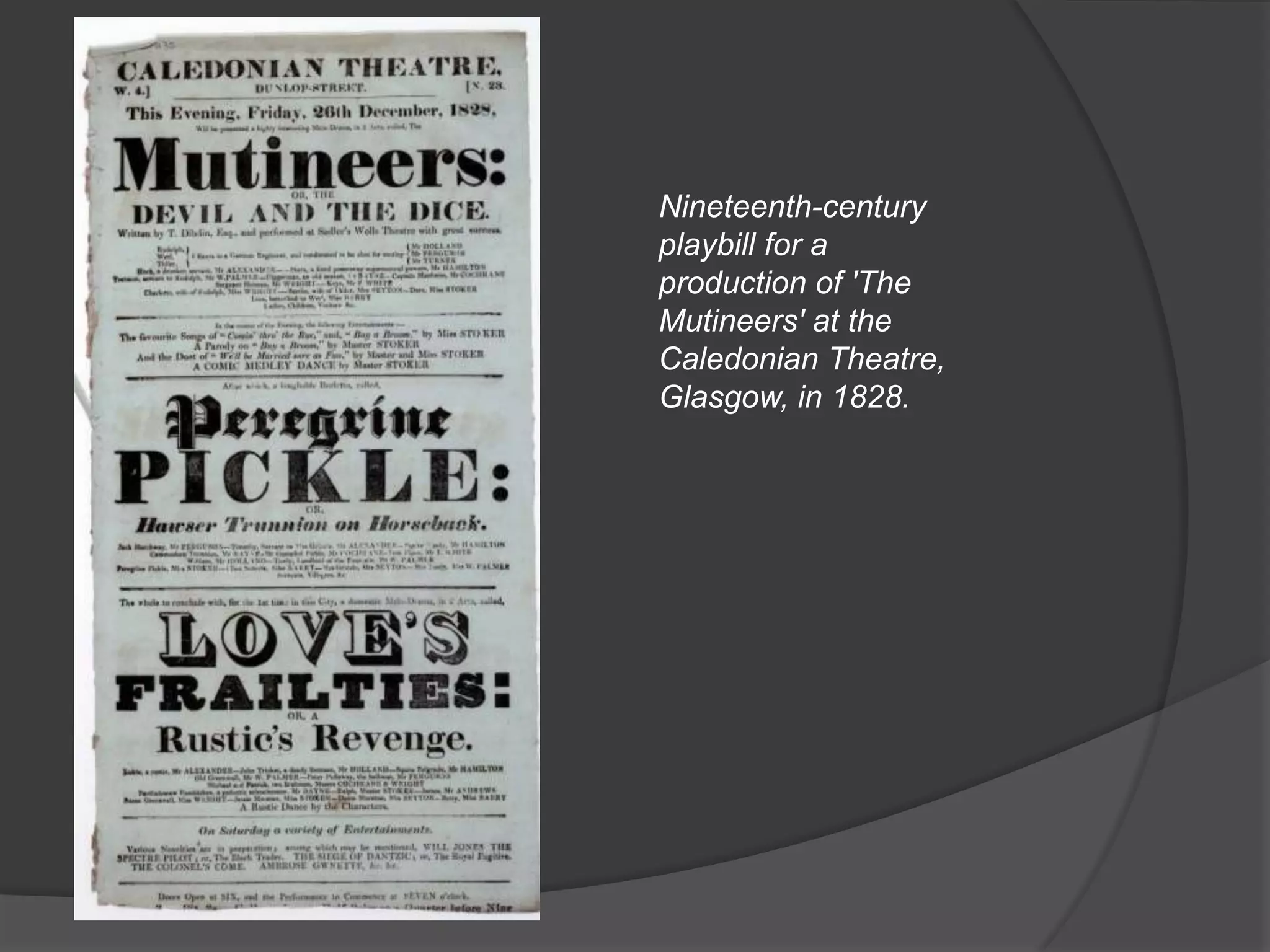 Nineteenth-century playbill for a production of 'The Mutineers' at the Caledonian Theatre, Glasgow, in 1828.